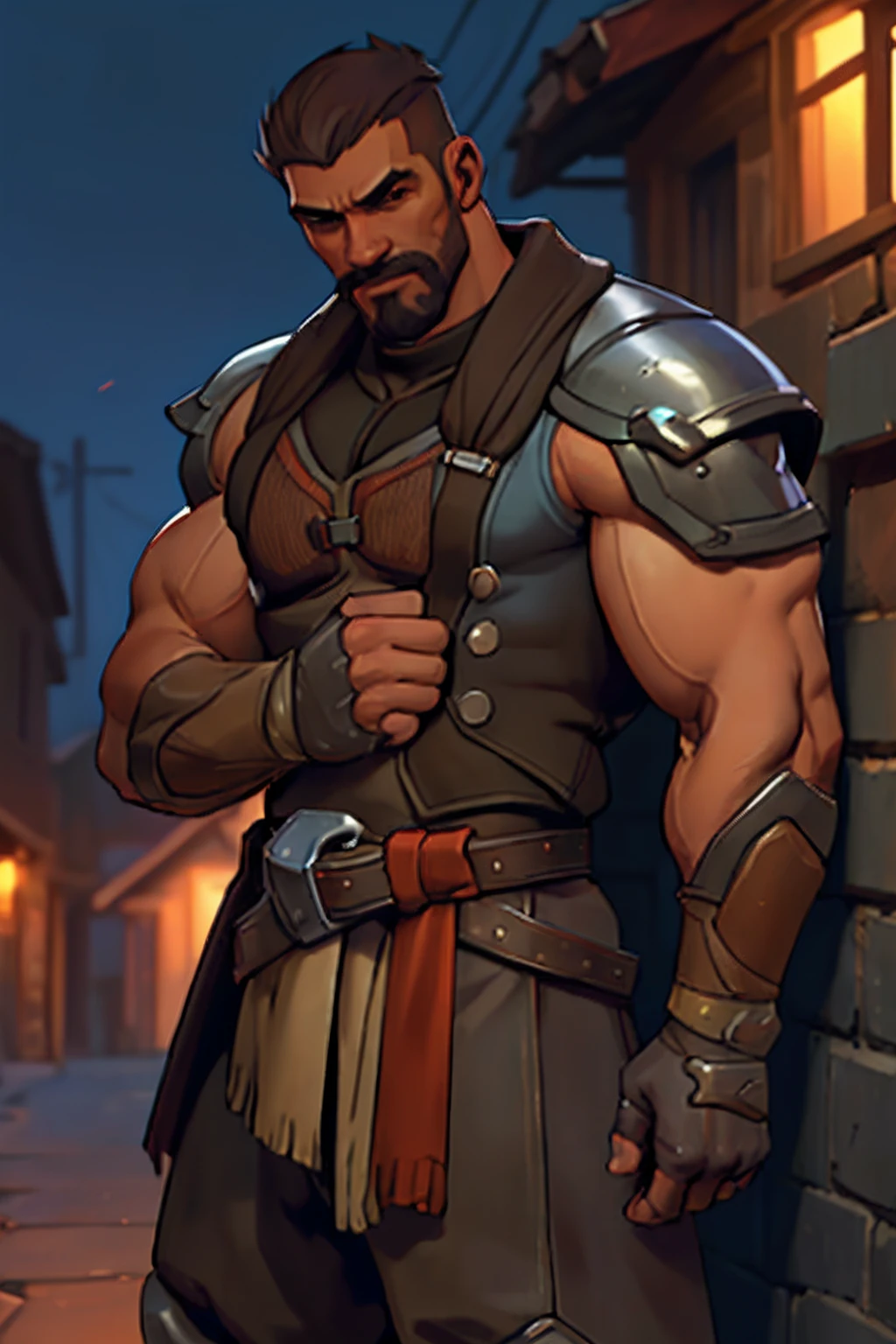 gabrielreyes, 1man, masterpiece, best quality, dusk, medieval village background, very muscular male, aged down, 36 years old, light iron armor, sleeveless, arms showing, depth of field, cowboy shot