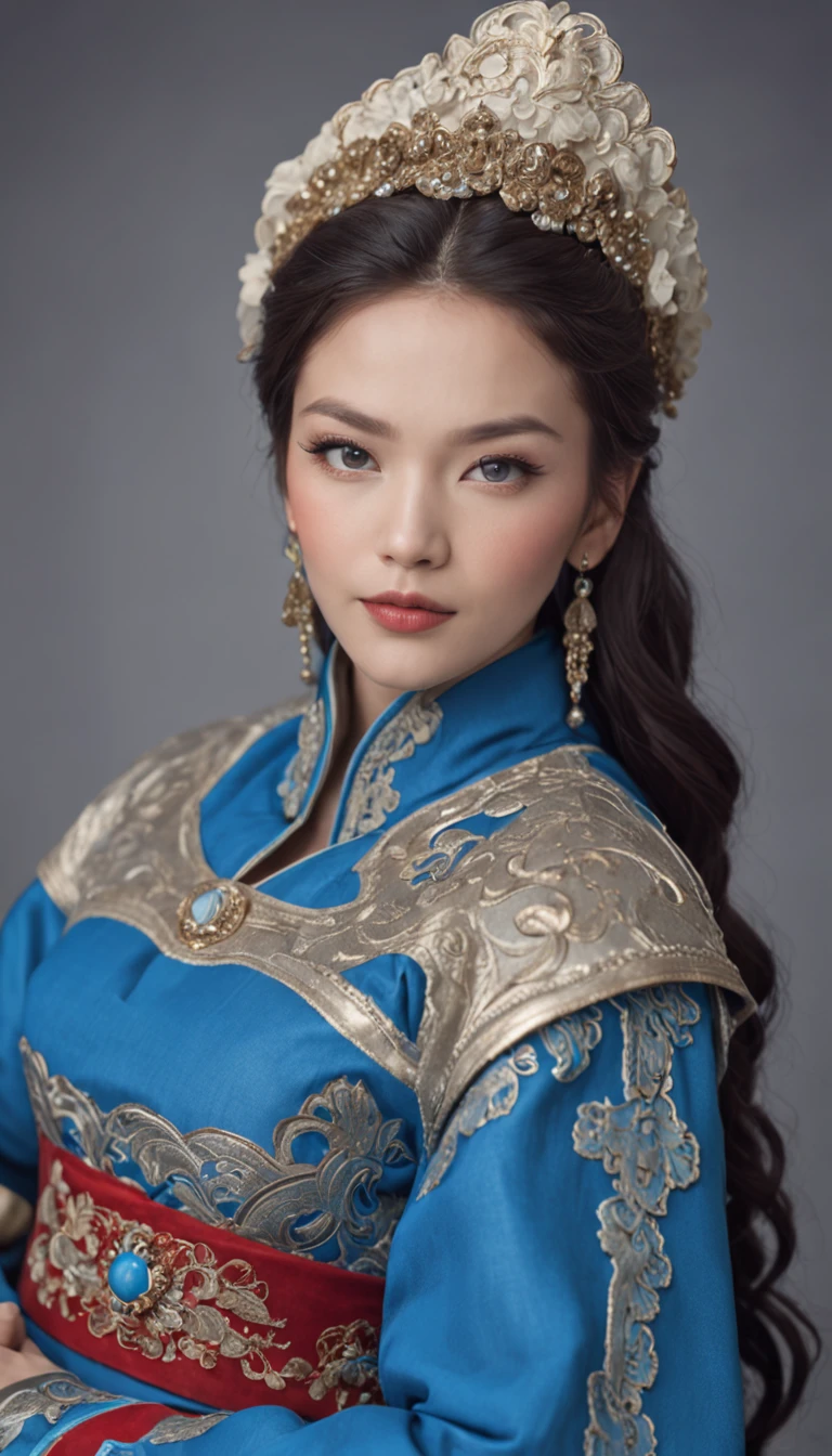 Woman in blue Mongolian costume、looking at the distance