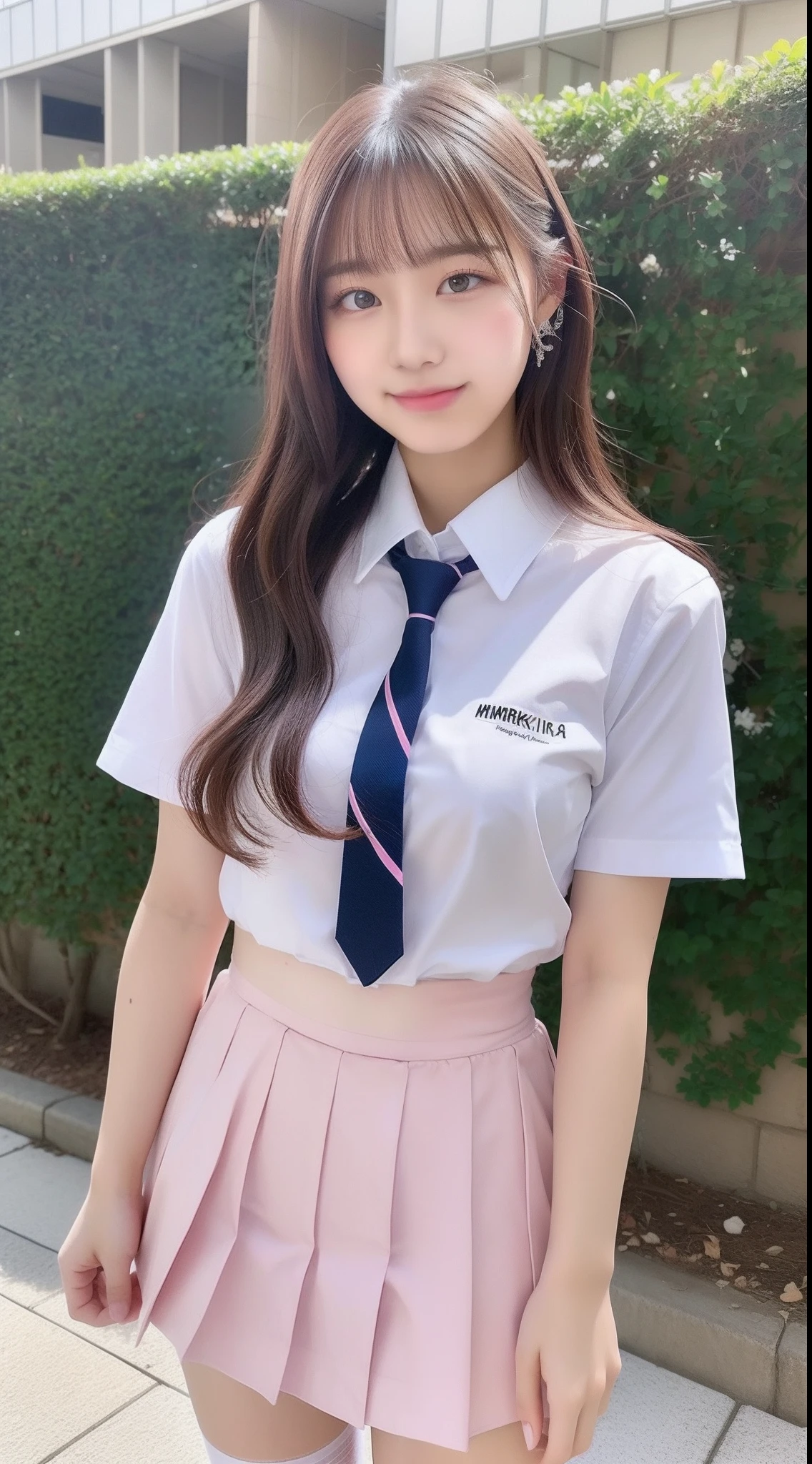 Miniskirt high school girl 18 years old wearing white shirt with pink tie