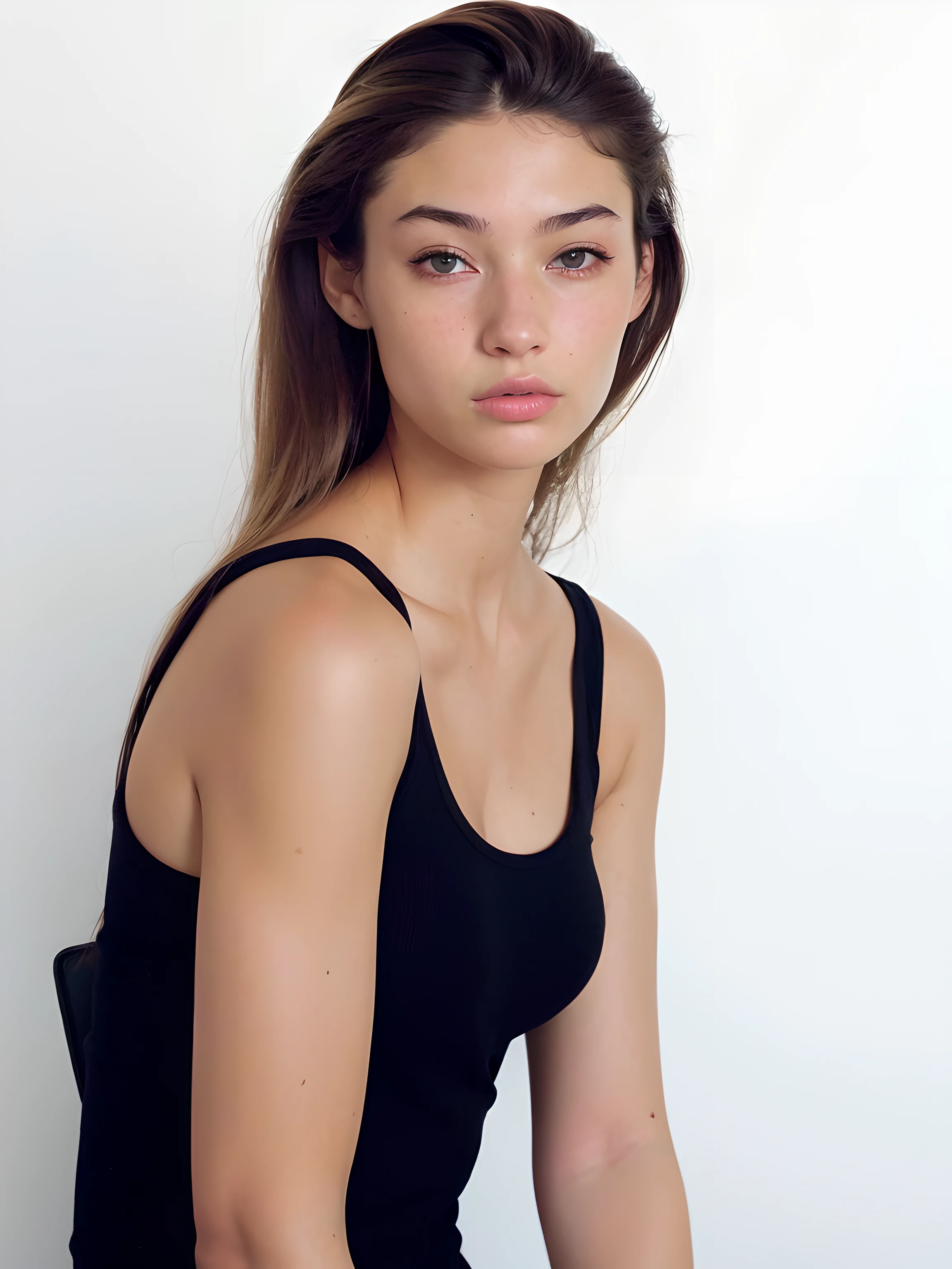 arafed woman with long hair and a white tank top, portrait sophie mudd, 2 4 year old female model, perfect face model, beautiful female model, julia gorokhova, portrait of a beautiful model, model face, gorgeous young model, editorial model, dasha taran, alina ivanchenko, julia sarda, gemma chen, jodie bateman