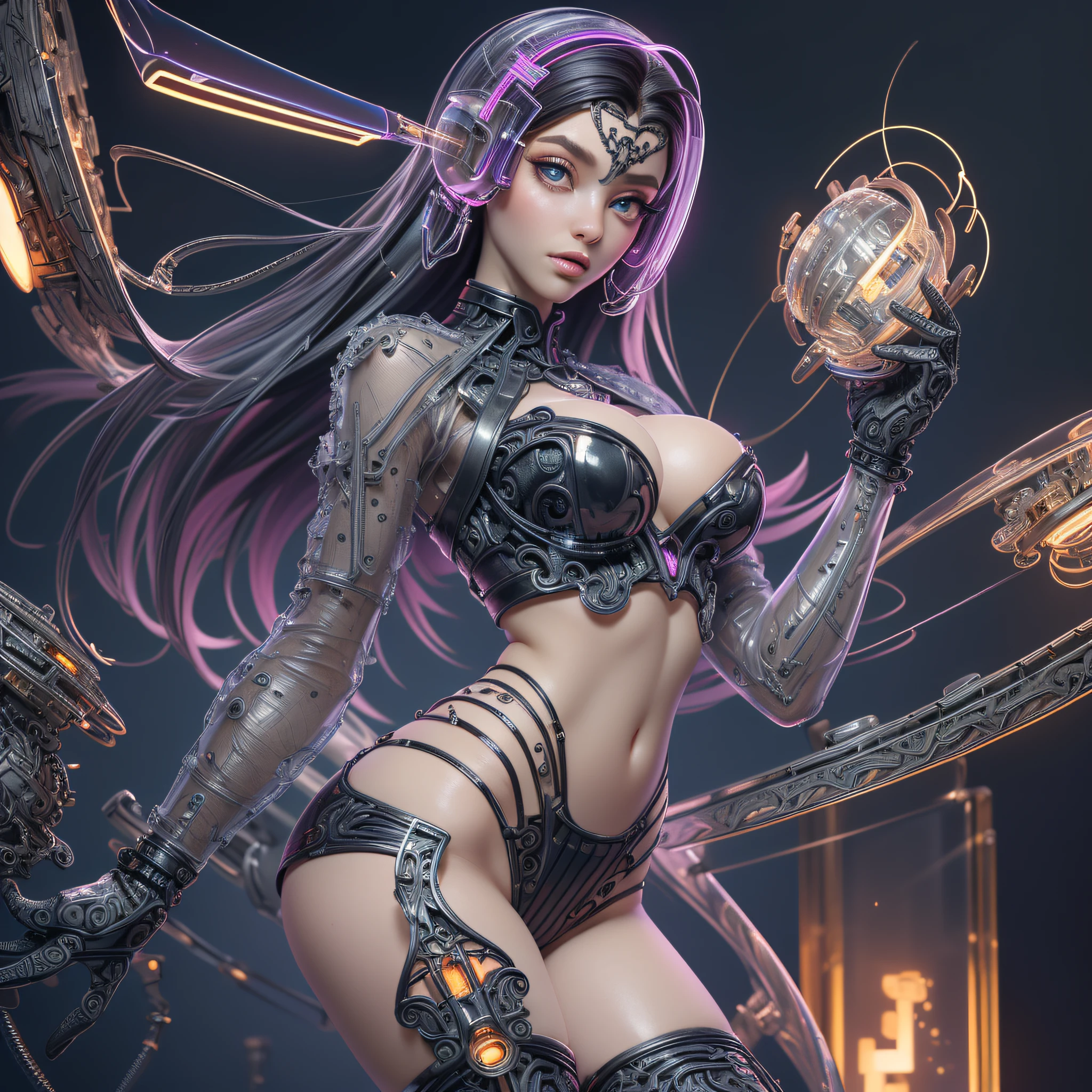 ((masterpiece, best quality):1.3) a girl, extremely beautiful, perfect eyes, big breasts, thin waist, big ass, (translucent skin:1.4), tron circuit, using ((intricate high-tech metal alloys by body):1.4), (micro shorts and synthetic leather bustier, intricate tron circuit), (extremely detailed image with rich colors)