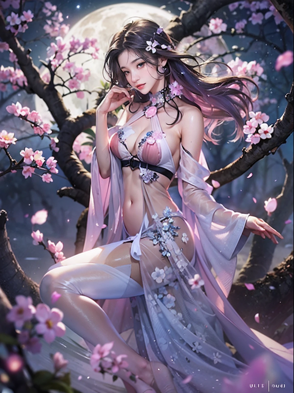 loose outfit、Show shoulders、Navel Ejection、How to wear a gown with a dark see-through halter neck broken、Decorated with intricate patterns and pastel colors、Transparent material that makes the skin shine、Artistic depiction of seductive woman in gown with wet thin cloth and transparent skin, Floral and fantastic pattern with flowing silky traditional see-through skin。Her dress draped elegantly around her curvaceous figure、Emphasizes her charming silhouette。She's a gentle fireworks night、Dynamic Posing、Sexy Posing、bathed in the soft glow of moonlight。The scene is、With a hint of mystery and sensuality、It exudes an ethereal dreamy atmosphere。The image style is、It incorporates a blend of watercolor and digital illustration techniques.、It makes you feel delicate beauty and charm。Soft moonlit lighting、Cast gentle highlights and shadows on her mesmerizing features。Dynamic Posing、Bold poses、The hand is somewhere、see -through、show through、A sexy、Wet hair、Wet、cherry trees、flower petals、cherryblossom、The cherry tree、Sakura blizzard、buried、Transparent skin、Wet clothes、Chest Pulling、Translucent clothes、Eau、nudde、garterbelts、fishnet tights、huge moon、Upper body photography、masutepiece