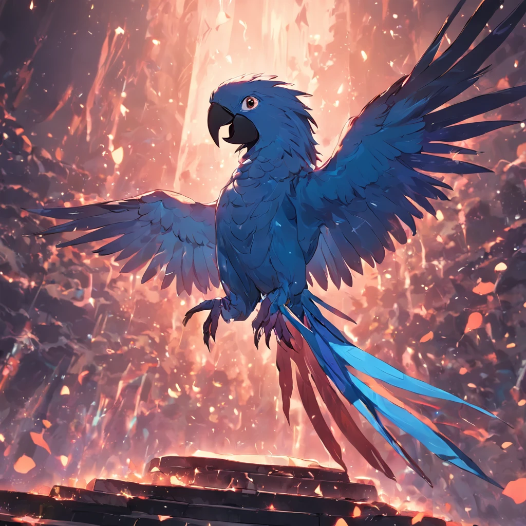 a macaw bird in blue colors with open wings on its back