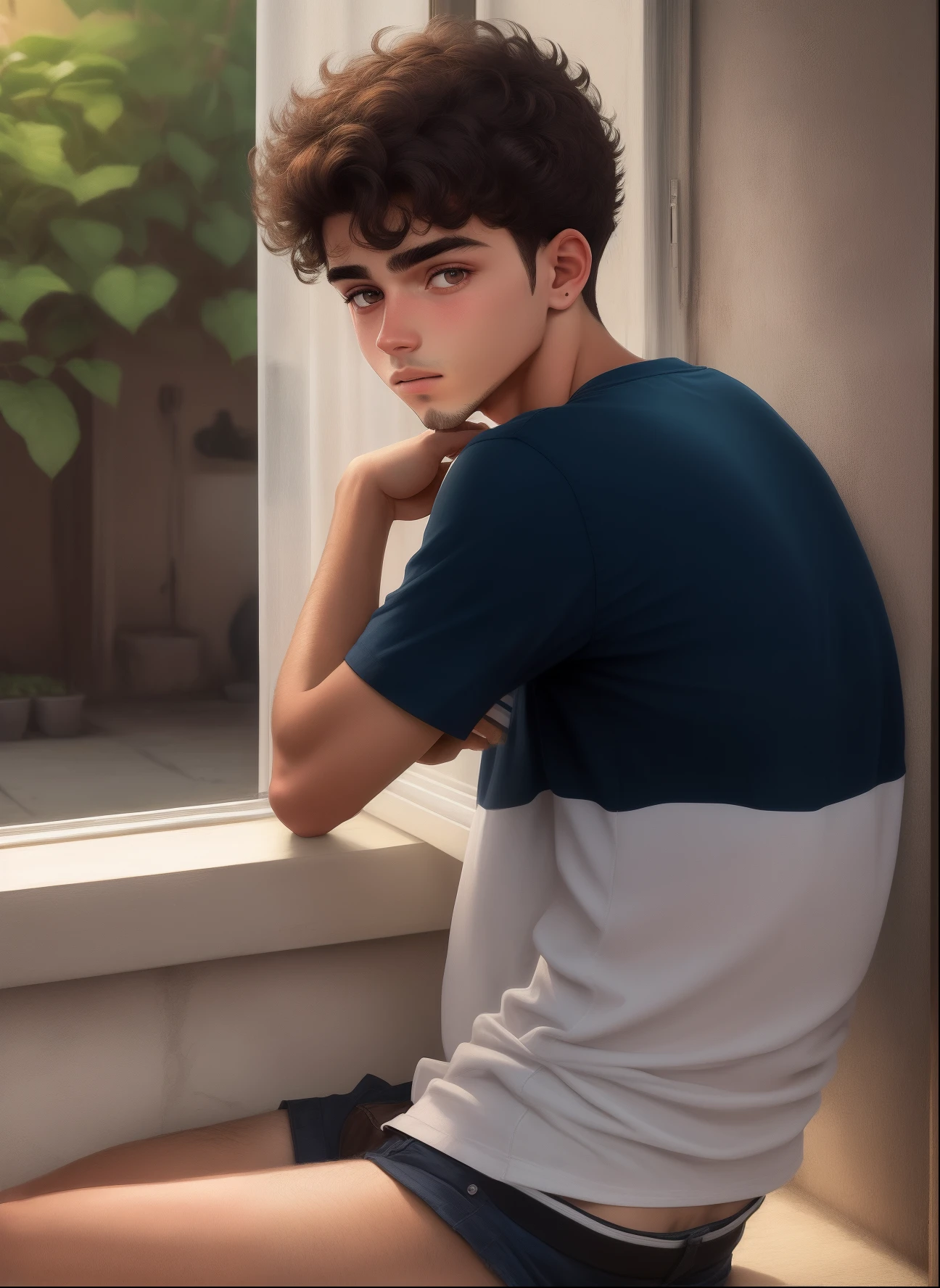 menino de 16 anos de idade, sem barba, cabelo castanho cacheado e curto, olhos castanhos, rico em detalhes