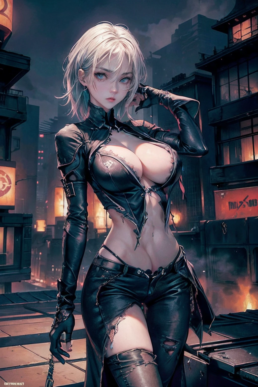 cinematic lighting,super detailed skin、beautiful detailed eyes、Best Quality,cyberpunked,(Alternative、dim colors, Soothing tones:1.3),NSFW(1beautiful woman、Detailed beautiful facial features、Blue and Black Odd-Eye、slenderbody:1.3)(well-shaped breasts、cleavage of the breast、stand nipple、Ripped clothes:1.5).Cyber City Destroyed、Doomsday World、Cyber Japan holding a sword、Model Pose、On the roof of a building