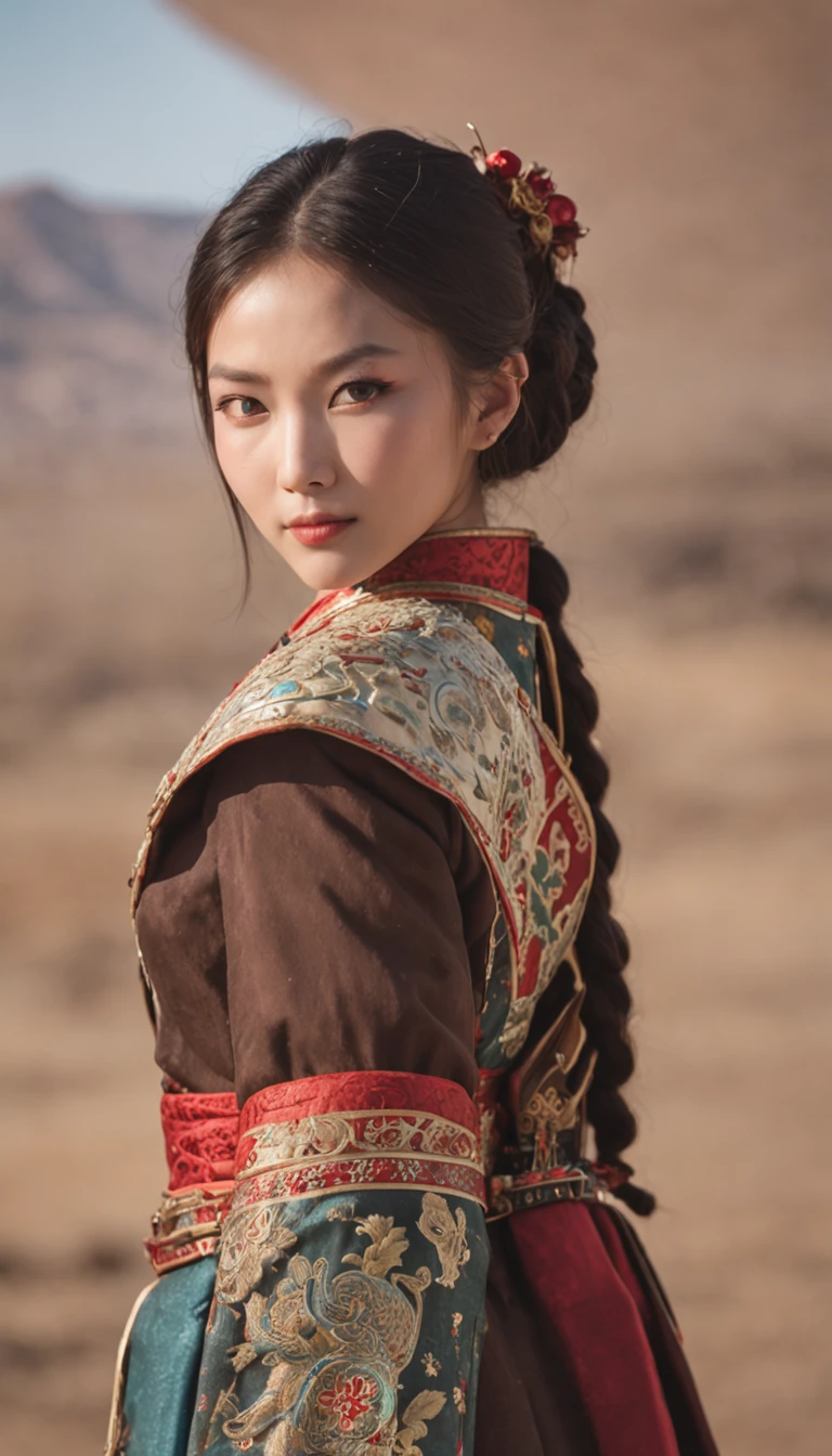 woman、Back Shadow、sideface、Mongolian dress blue、Faraway view