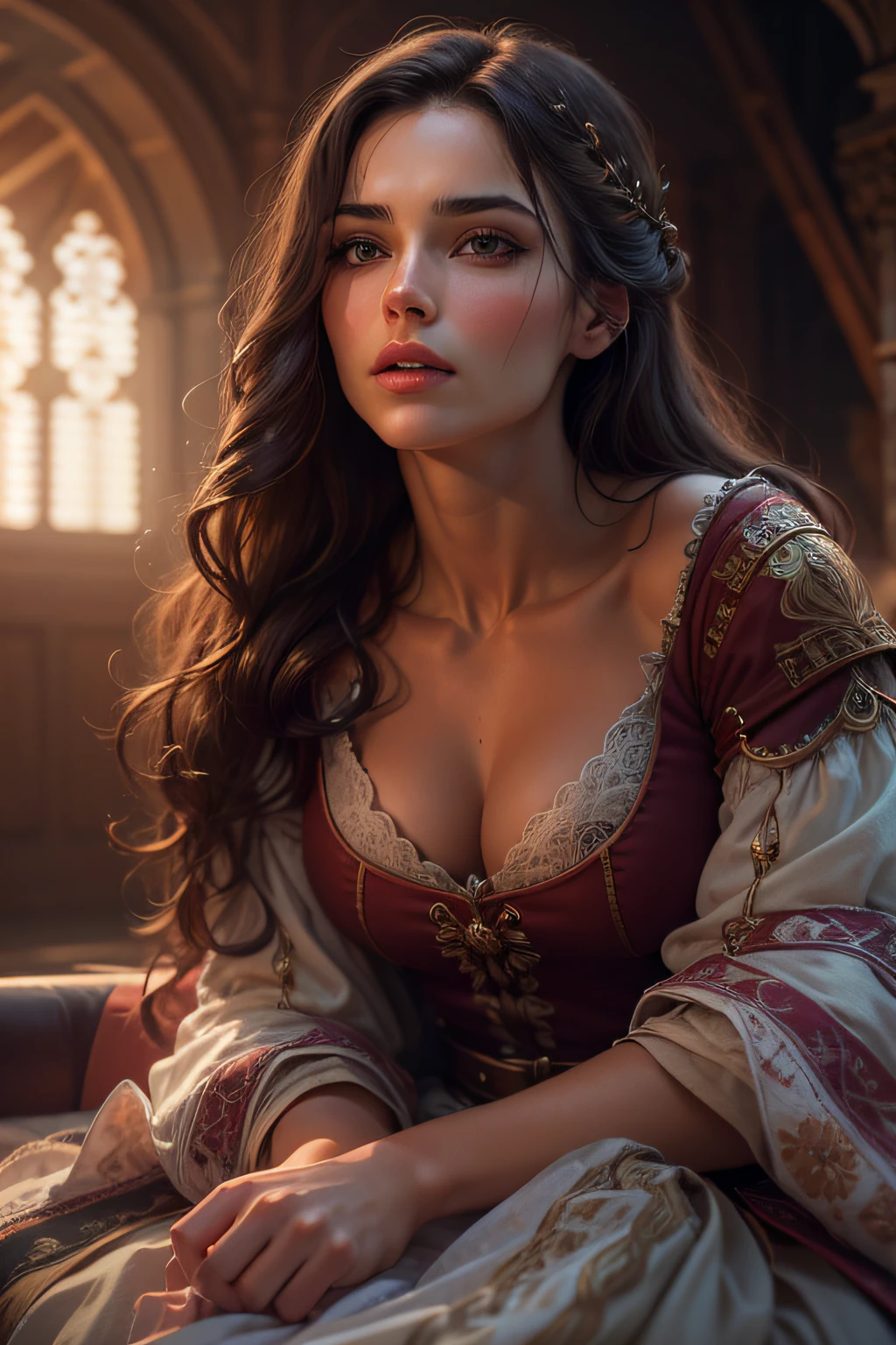 A brunette woman with long hair sitting on a couch, Realistic, Muitos detalhes, Tema Fantasia Medieval, corpo inteiro, rosto da princesa, corpo definido, Realismo, Cinematic lighting, de cima, super detalhe
