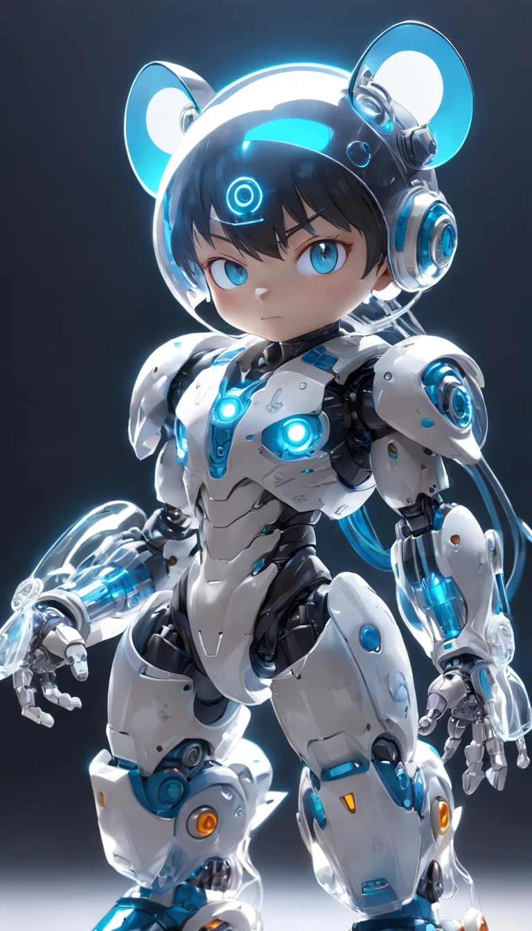 Robotic rats, (Blind box toy style:1.2), (Full body shot) , 1 Transparent Boy,Behind him is a transparent and cute robot mouse, Transparent mech, Exquisite helmet:1.2, Luminous goggles:1.2, Cyberpunk, dreamy glow, luminous neon lights, Clean, White background, ( Global illumination, Ray traching, hdr, unreal render,reasonable design, high detal, Masterpiece, Best quality, hyper HD, Cinematic lighting)