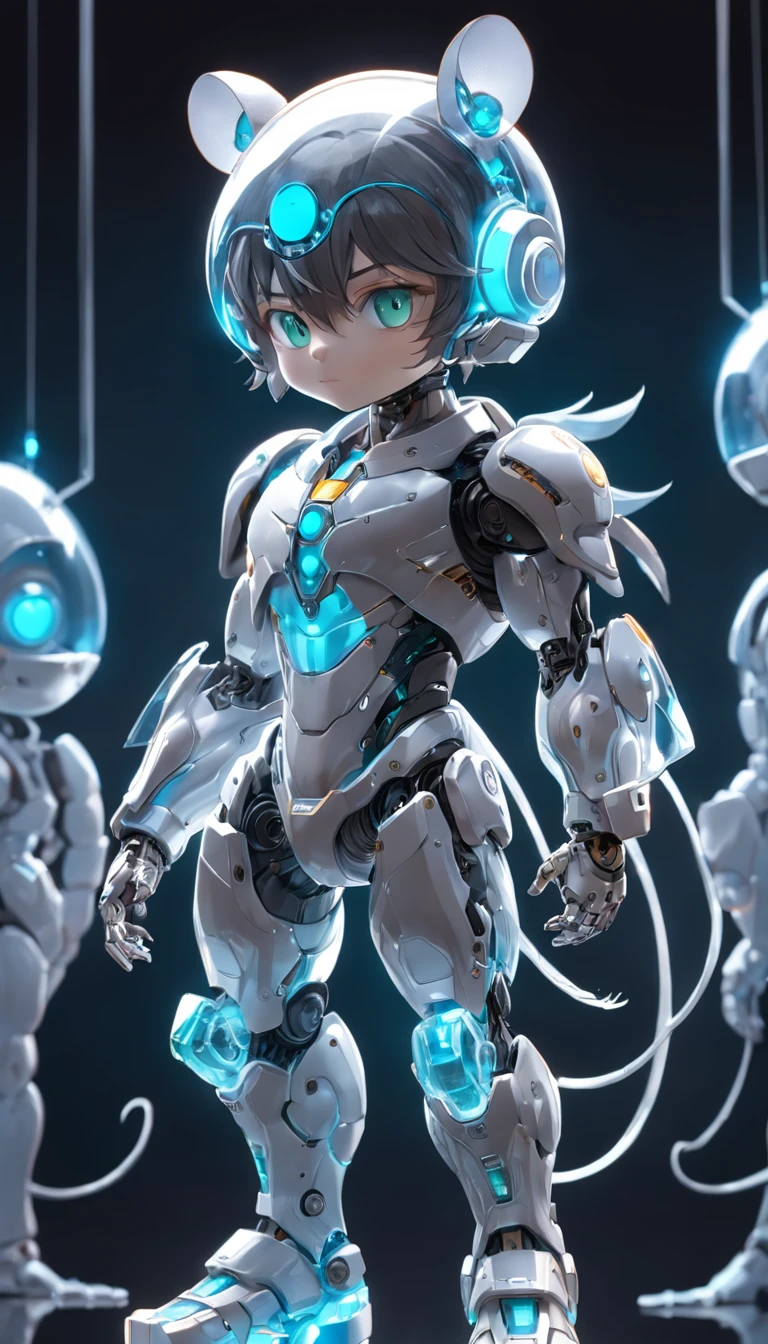 Robotic rats, (Blind box toy style:1.2), (Full body shot) , 1 Transparent Boy,Behind him is a transparent and cute robot mouse, Transparent mech, Exquisite helmet:1.2, Luminous goggles:1.2, Cyberpunk, dreamy glow, luminous neon lights, Clean, White background, ( Global illumination, Ray traching, hdr, unreal render,reasonable design, high detal, Masterpiece, Best quality, hyper HD, Cinematic lighting)