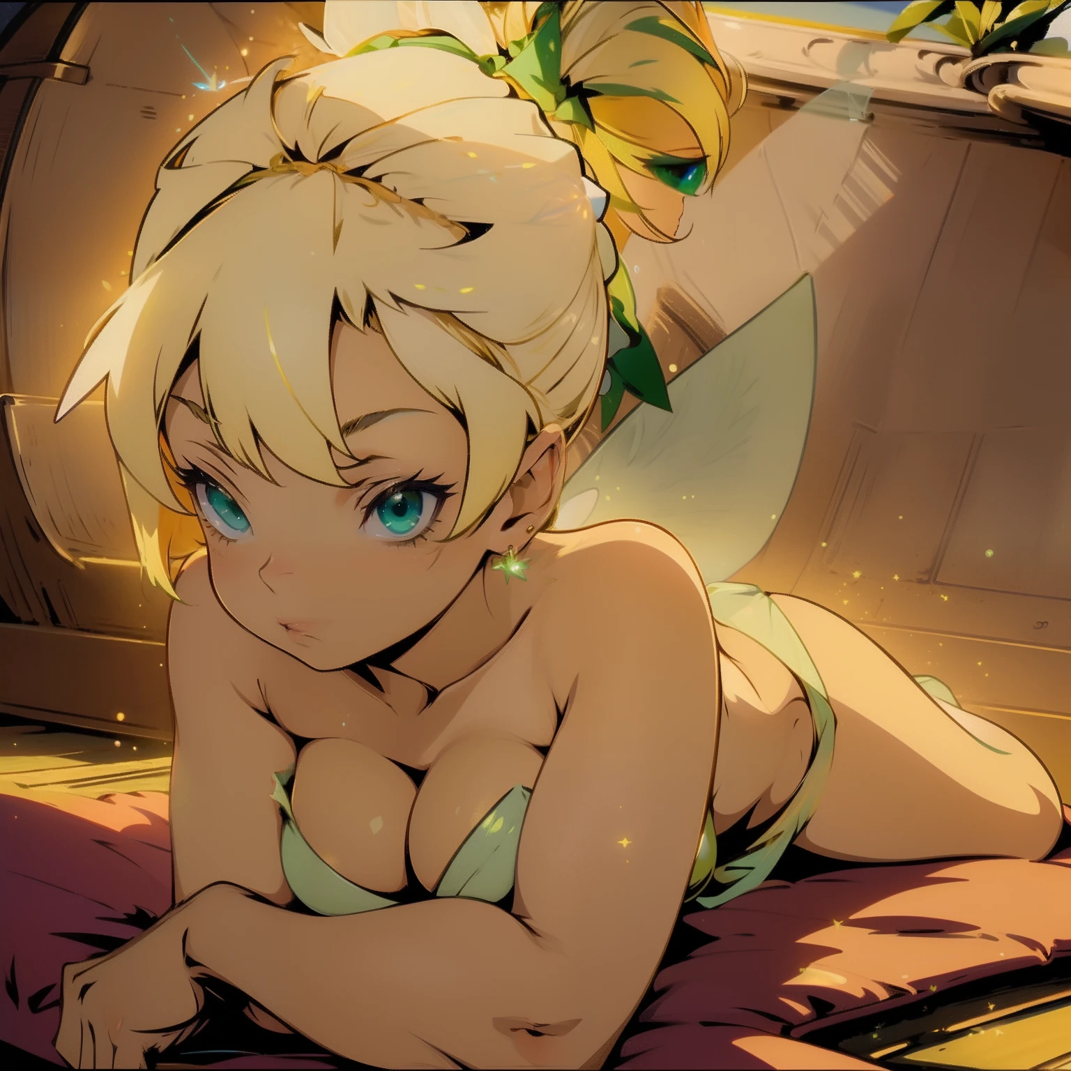 (masterpiece, best quality), beautiful girl, 
tinker bell
green fariy outfit, lying, iridescent fairy wings, (detailed beautiful eyes) medium body shot, blonde hair, red ribbon, big breasts, cleveage, white panties, ultra detailed green eyes,