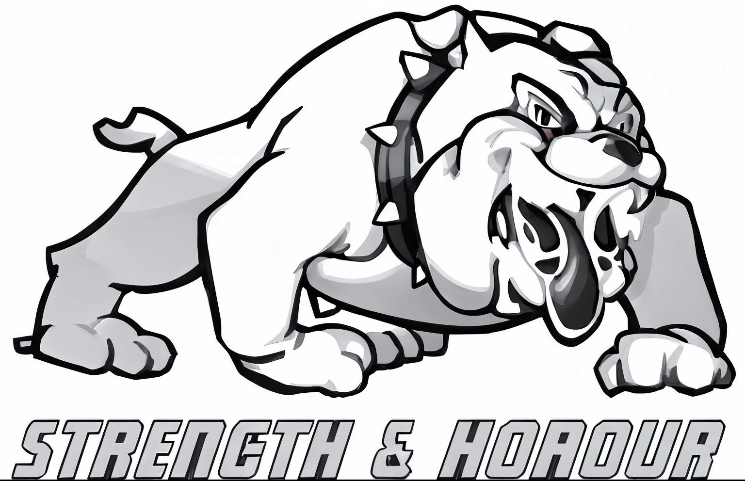 a black and white image of a bulldog with the words strength and honor, strength, high school mascot, black and white logo, black on white background, logo without text, hongbsws, nba style bulldog mascot, best logo, rough, sports team mascot, by Hugh Hughes, insignia, header with logo, strong spirit, strong and imposing