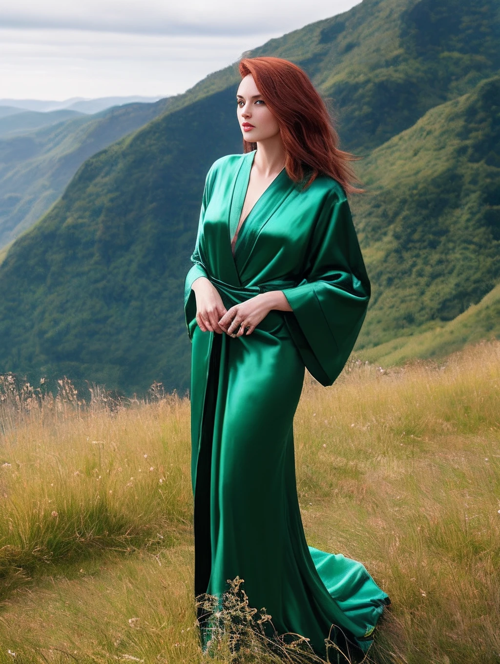 A regal woman with auburn hair and a slender figure, adorned in a flowing robe of emerald silk, standing atop a grassy hill with a majestic view.