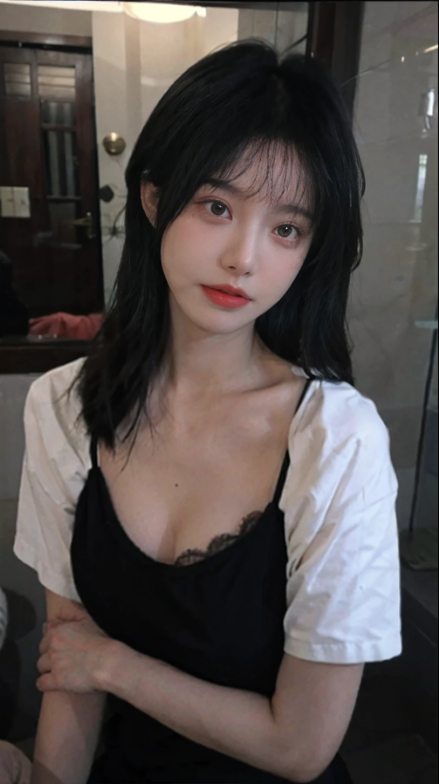 best quality, ultra high resolution, (realistically:1.4), a girl, A pair of clear and moving peach blossom eyes,Royal sister,Black long straight,tight skirt, (Large cleavage:1.2), looking at the audience, Close-up cleavage ,