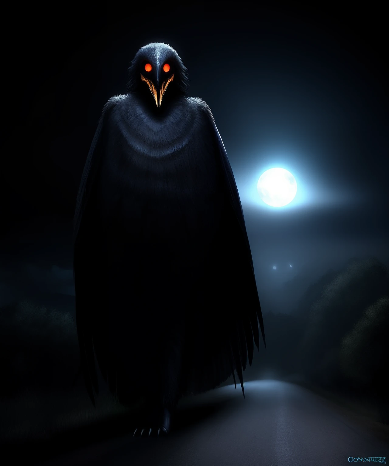 SCP-2901 Mothman, from SCP lore, SCP-2901 is a species of winged nocturnal carnivorous scavengers of limited intelligence..; Promedio en altura, Por lo general, They appear as having an ellipsoid shape and have 2 large eyes layered with photophoric tissue, Your skin is covered by a layer of tiny iridescent laminar scales., Cuento popular de terror espeluznante, vibraciones amenazantes, Sobre todo en una noche oscura, Somewhere on a lonely road on the plateaus, Photorealistic mouth lighting, Detalles intrincados, Obra maestra, Tendencias en ArtStation HQ, 4k, UHD, cinematic quality