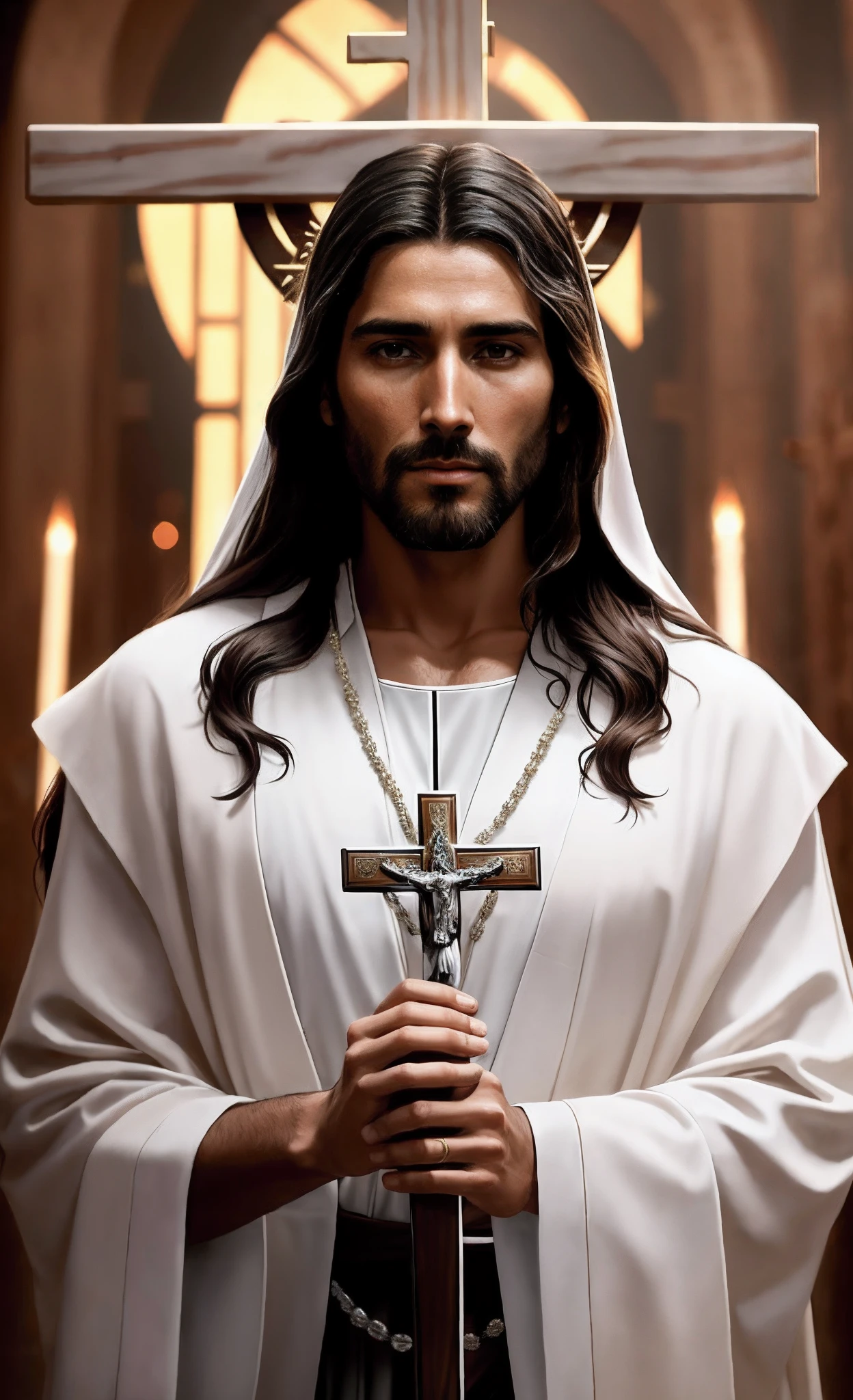 Close-up of a man holding a cross and a rosary, Jesus Christ, Portrait of Jesus Christ, dressed like jesus christ, 《Mass effect》in Jesus Christ, king of kings, Jesus of Nazareth, Jesus Christ blunt instrument, Cyberpunk Jesus Christ, Jesus wasted at the meeting, jesus face, author：Roman Bezpalkiv, the lord and savior, Jesus