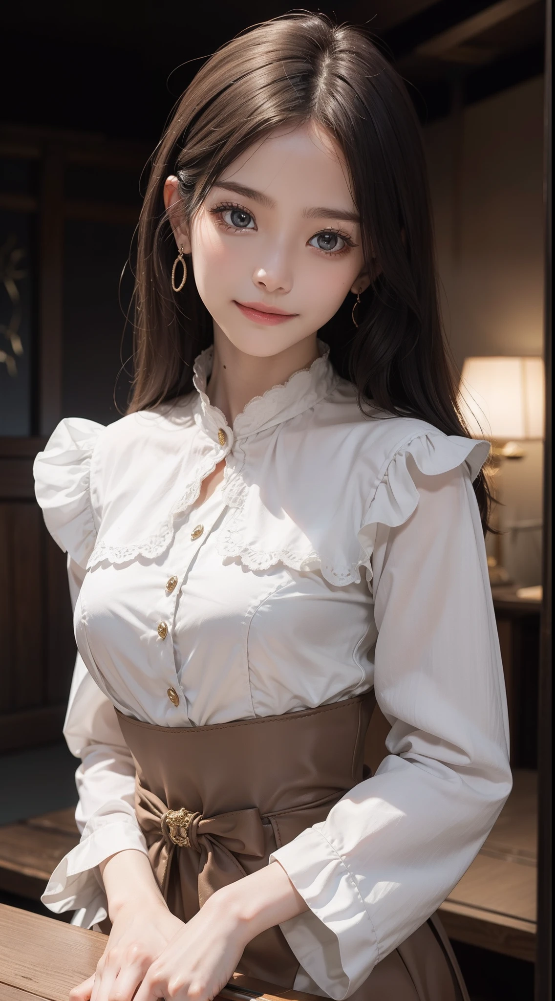 masterpiece、one beautiful women、A detailed face、A detailed eye、Detailed skin、top-quality、japanes、Illuminated from the front with bright lighting、profetional lighting、Always face straight ahead、The background is a little blurry、20yr old、Wearing a white blouse、a smile、short-cut、The double teeth are cute.、inside a church、dark、lightning、Holy Sword、The brave、