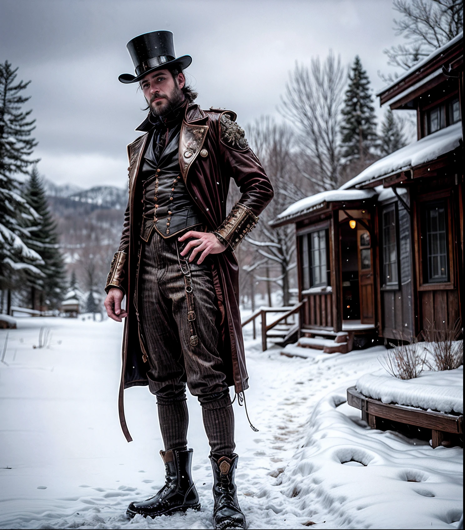 Steampunk Wanderer: Ilustrar al hombre como un viajero steampunk, wearing a combination of Victorian-era clothing and futuristic steampunk gadgets. Walk through a snow, Paisaje mecanizado con copos de nieve a vapor cayendo a su alrededor