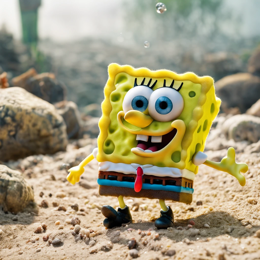 SpongeBob SquarePants sitting on the ground crying on white background