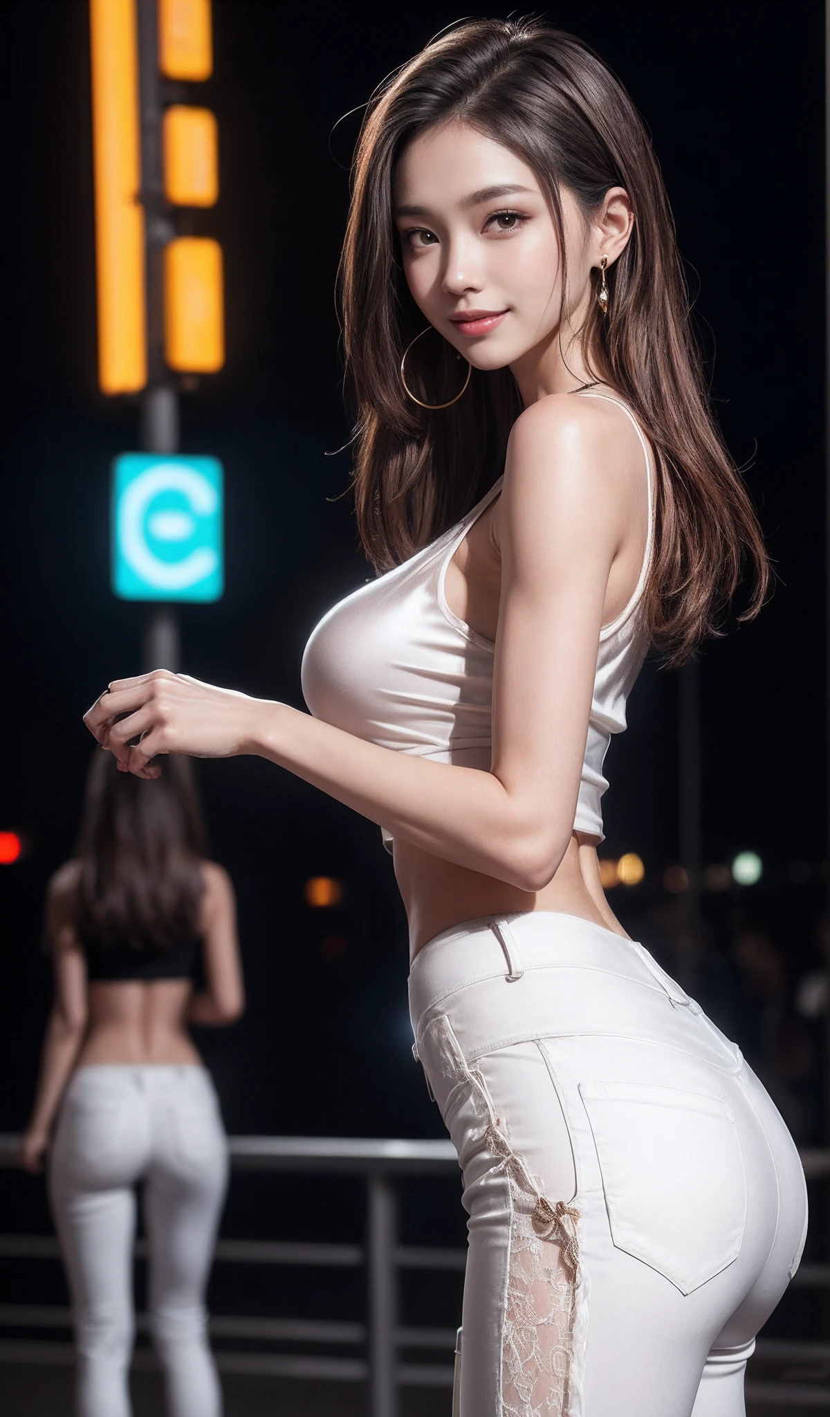 8K, Masterpiece, RAW photo, Best quality, Photorealistic, Extremely detailed Cg Unity 8K wallpaper, Depth of field, Cinematic light, Lens flare, Ray tracing, (Extremely beautiful face, Beautiful lips, Beautiful eyes), intricate detail face, ((ultra detailed skin)) 1girll, In the dark, deepshadow, Pretty Korean girl, Kpop idol, 1 girl, (Very slim and slender muscular body:1.3), ((view the viewer)),(Big smile:1.3), (Tight lace-up blouse), (Pink shirt), (Sleeveless) , (Fashion night, Dark night, (neon lights sign), (Blurred background), Fashion Street Night),(No one is in the background:1.3), Beautiful earrings, bangle, necklace, Pantyhose, Clear eyes, (Pale skin), (Big eyes), Face forward, ((upperbody shots)), ((Silk white pants:1.3)),(brown hairs),((Skinny silk pants)), (view the viewer:1.3) open breast, Very slim, Medium breasts, Turn Back, Back shot, , underwear