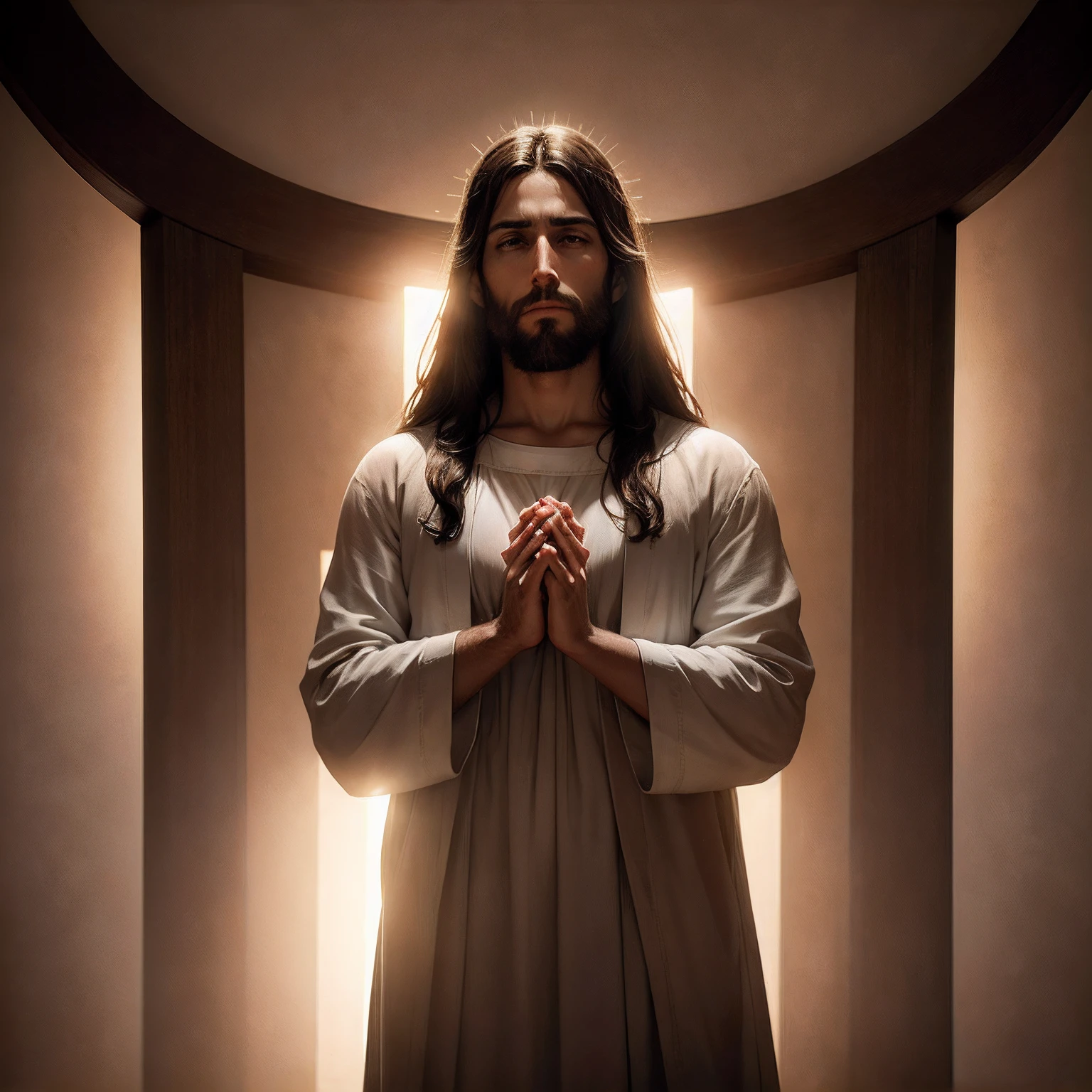 Jesus Christ with his hands clasped in a sign of prayer. foto escura, Realistic photo with epic backlight