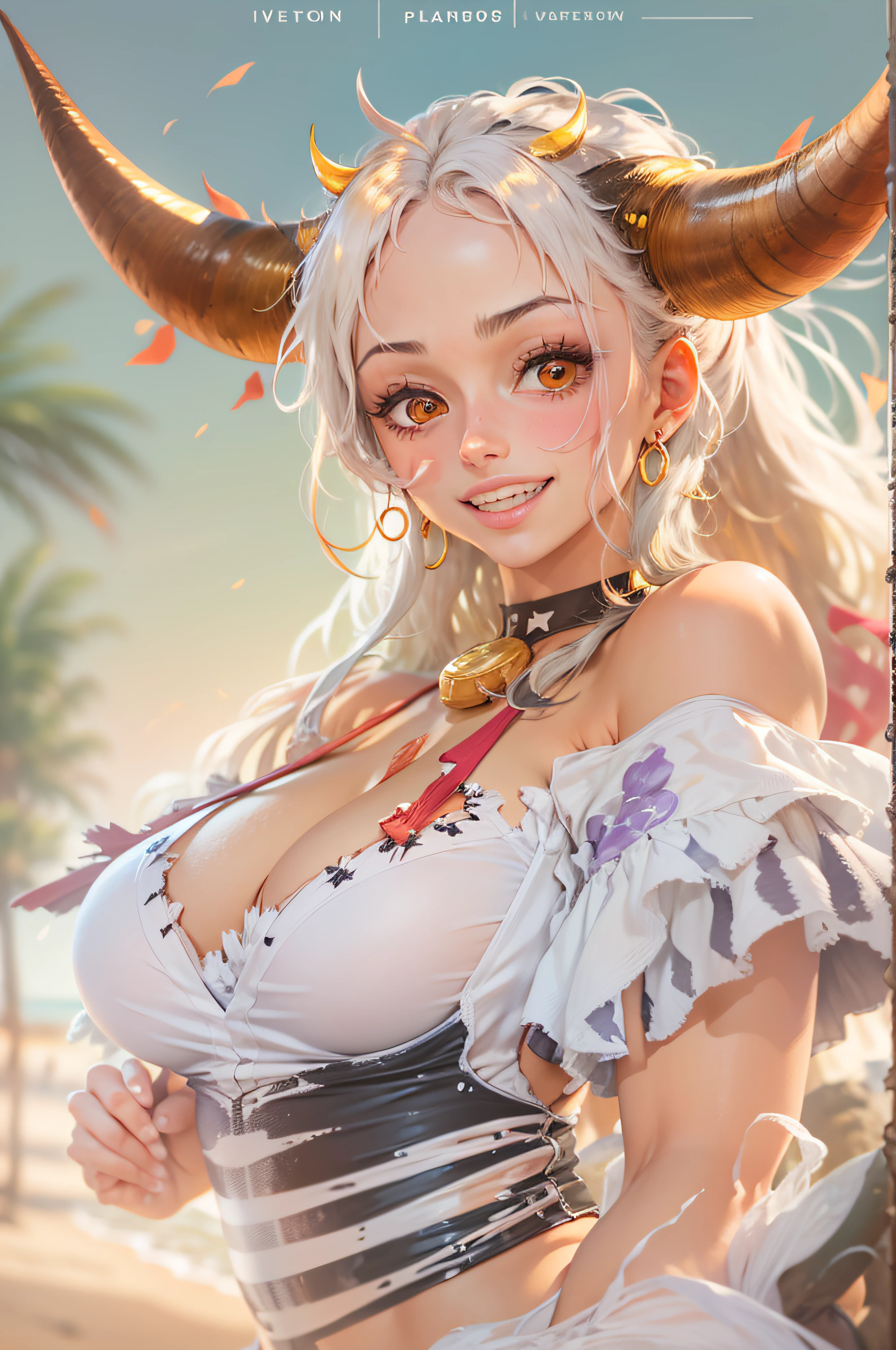 best quality, masterpice, anime character, one piece, lora, yamato, woman, adult, yamatowanpi, big breast, abs, muscular, muscles, horns, une fille,Dress on the shoulder,Cheveux blancs,golden eyes,sourire,clivage,Clivage en gros plan,cornes rouges,courbe du corps,Beachside,rayons de soleil,plage de sable,La mer,Verdure