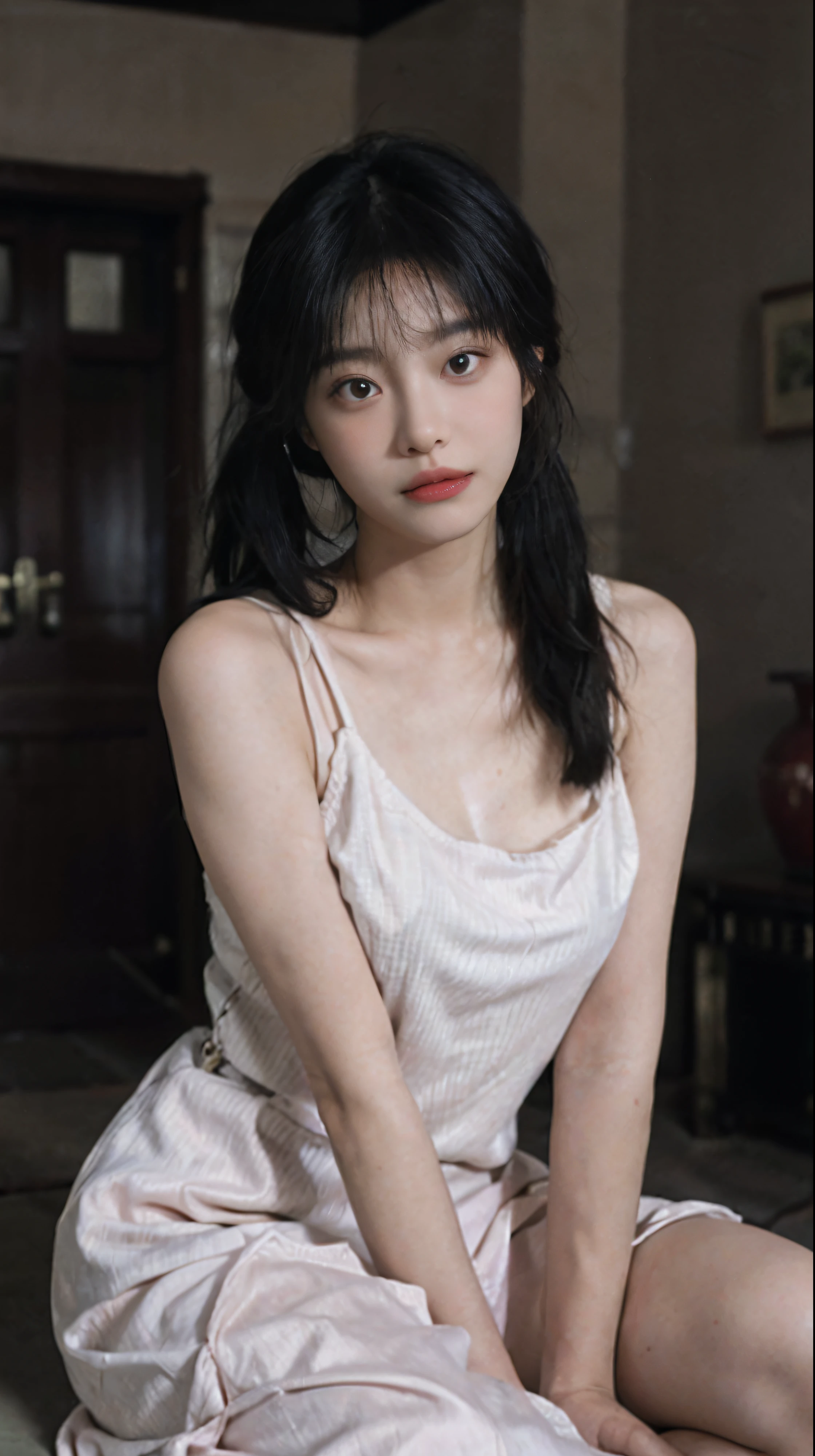 Temperament girl, delicate facial features, big breasts, bangs, pink ponytail, messy hair, hair is very realistic, wearing a pink slip dress, the background is full of wall photos, sea view, Du Qiong, exquisite makeup, light red lips, gentle eyes, double eyelids, black holes, bright eyes, symmetrical face, face is very real, narrow waist, thighs, big breasts, meticulously portraying the girl's face, blush, super high appearance, looking at the audience, very realistic skin, skin oil reflection, artwork, The clothes have a real cloth texture, realistic painting, cinematic style, photography level, ray tracing, real light and shadow effects, realism, masterpieces, like the top photography effects, 8K