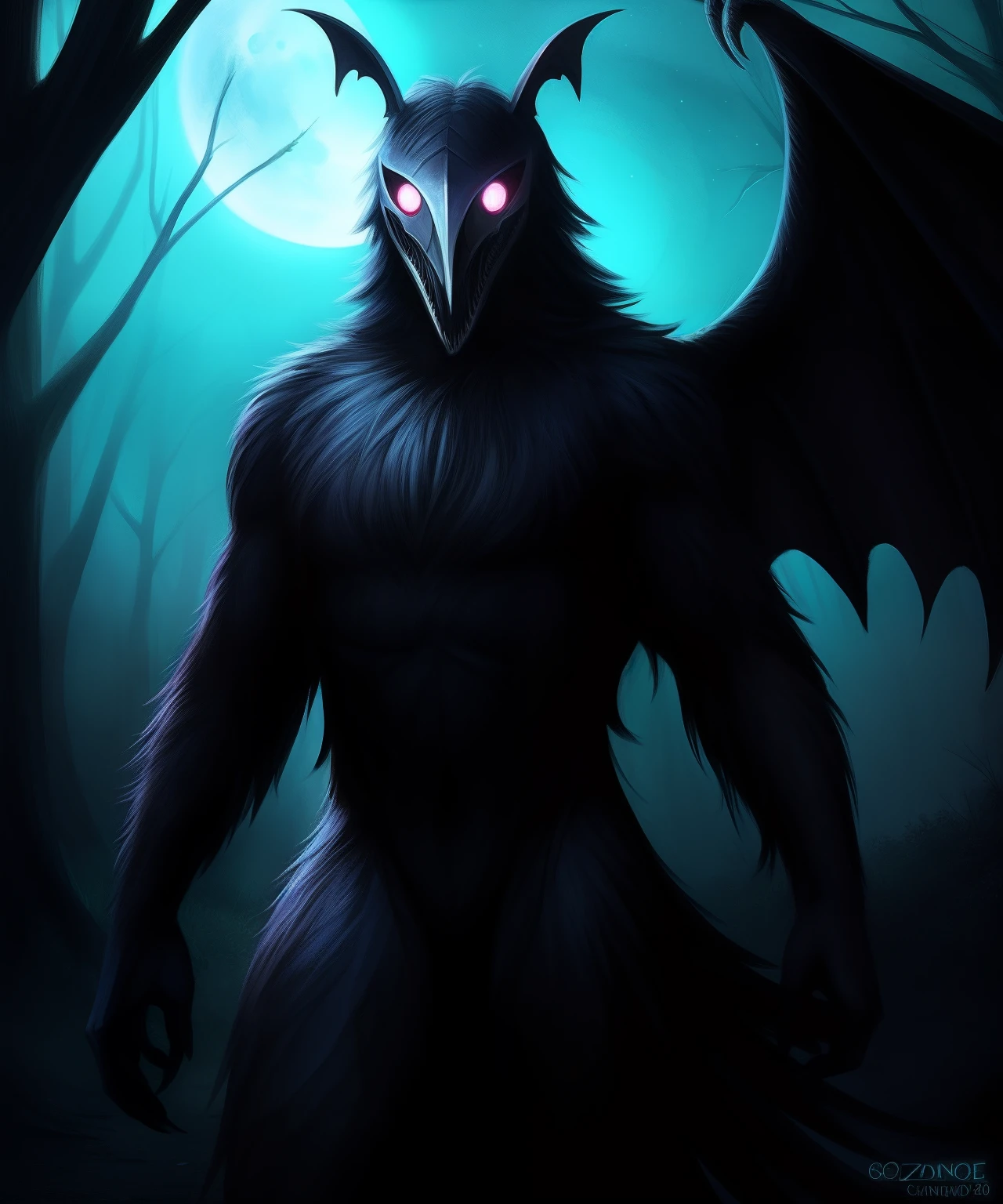 SCP-2901 Mothman, from SCP lore, SCP-2901 is a species of winged nocturnal carnivorous scavengers of limited intelligence..; Promedio en altura, Por lo general, They appear as having an ellipsoid shape and have 2 large eyes layered with photophoric tissue, Your skin is covered by a layer of tiny iridescent laminar scales., Cuento popular de terror espeluznante, vibraciones amenazantes, Sobre todo en una noche oscura, Somewhere on a lonely road on the plateaus, Photorealistic mouth lighting, Detalles intrincados, Obra maestra, Tendencias en ArtStation HQ, 4k, UHD, cinematic quality