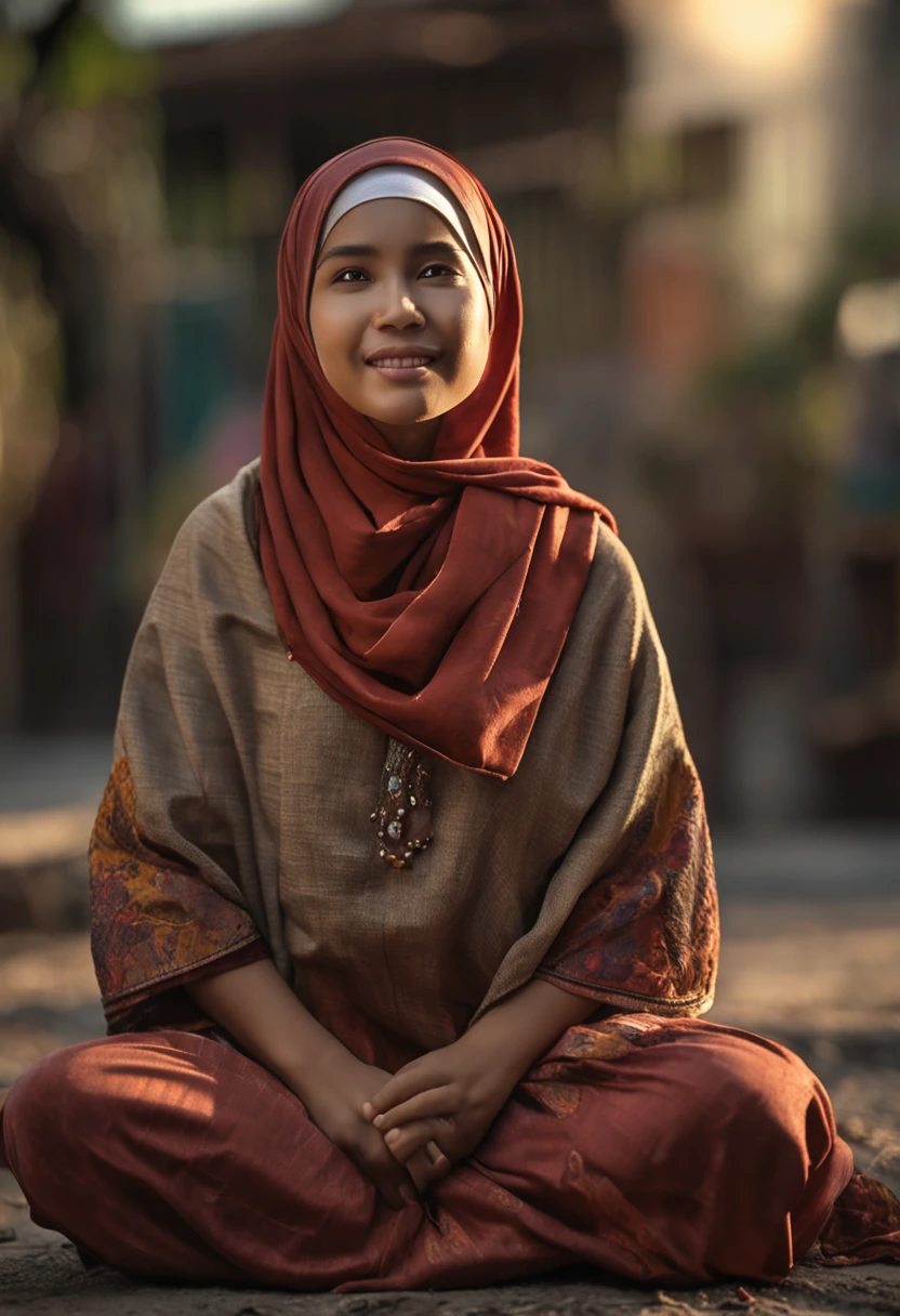 beautiful malay girl with hijab, (kampung girl outfit), (medium shot portrait:1.3), dramatic light , Rembrandt lighting scheme, (hyperrealism:1.2), (8K UHD:1.2), (photorealistic:1.2), shot with Canon EOS 5D Mark IV, detailed face, detailed skin texture, show cleavage, big tits, happy face, show panties, round face, sexy posing, smiley eyes