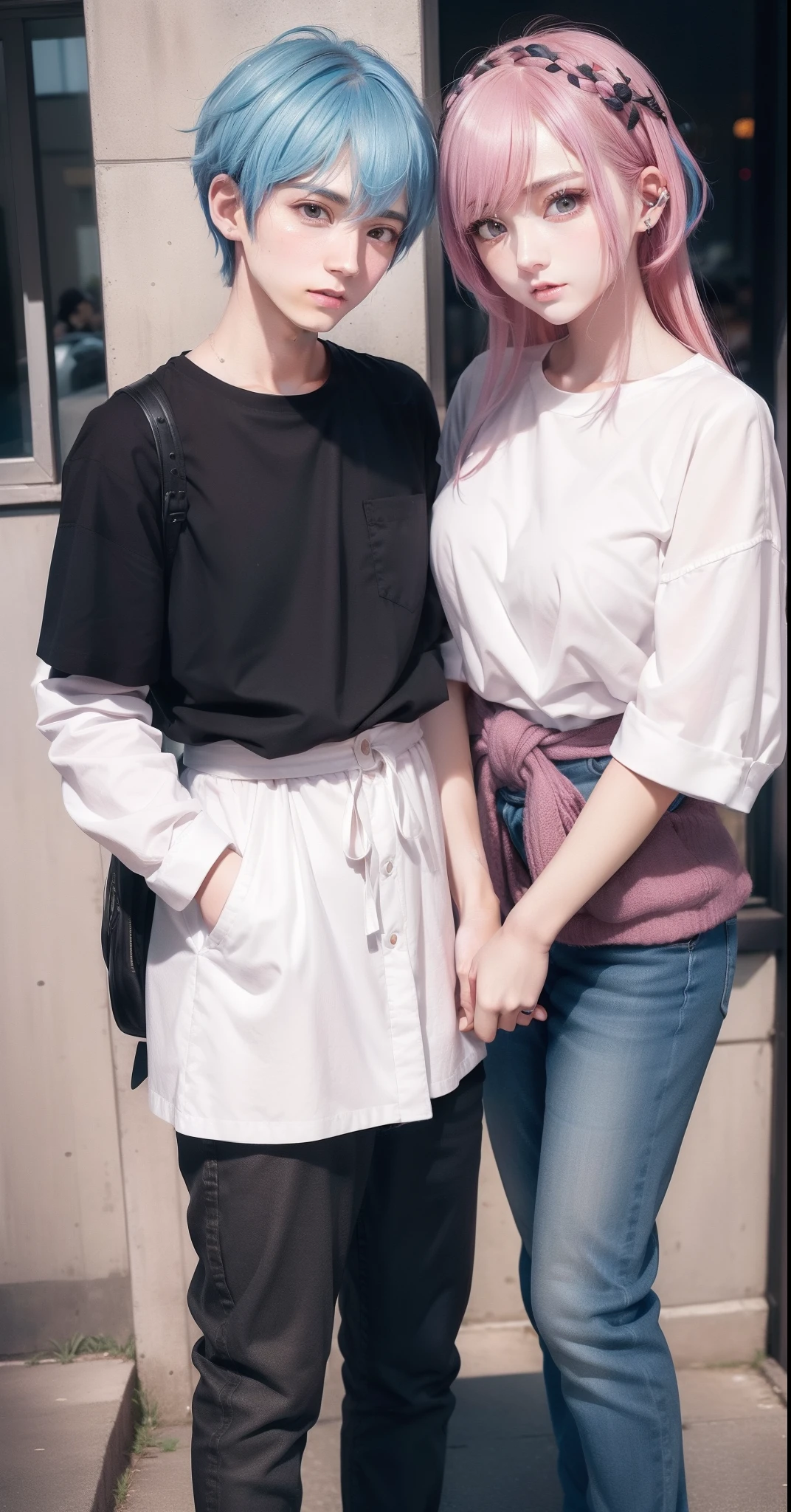 Male and female couples, Idol couple, Idol Photos, Magazine covers, Photos of actors, Professional Photos, Height difference, tall, Happiness, youthfulness, lovey-dovey, extra detailed face, detailed punk hair, very detailed character, inspired by Sim Sa-jeong, single realistic face, Cai Xukun's, detailed realistic faces, highly detailed realistic face, high detailed face anime, realistic detailed face, Accurate detailed face, attractive androgynous humanoid, Black Casual Idol Costume, ((Man with light blue hair)), ((Woman with pink hair)), ((Woman with long hair below waist)), ((Man with short hair over ears)), ((Pink hair woman with gentle expression)), ((Man with light blue hair with wild expression)), high-level image quality, masterpiece, Photographed so that the whole body can be seen, Photographed to make clothes look beautiful, Take your eyes off, ((two individuals)), ((British couple))