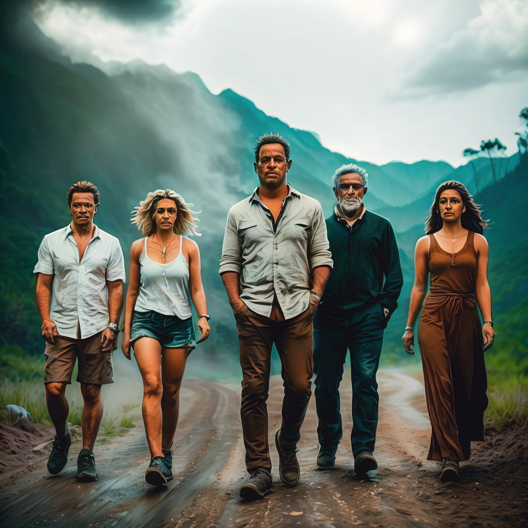 There are five people walking together down a dirt road, imagem promocional do filme, promocional ainda, imagem promocional, drama extremo, Lost series, foto ainda, programa de tv ainda, filme promocional ainda, 8 k filme ainda, filme ainda 8K, cartaz oficial, TV ainda, foto promocional, osso a osso, filme promocional ainda, exclusivo, Directed by: Thomas Bock, promo ainda