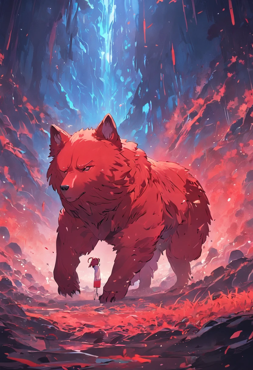 This is a surreal 32K China、Images of Shinkono Bear,Capture every pore and texture with a delicate texture and form,A huge red giant wolf with golden stripes,Contrast with the surrounding landscape,((Super mass)),blue colors,In the background are the sky,dark cloude,huge tusks,Unreal Engine5,dreamy scenes,Shocking。