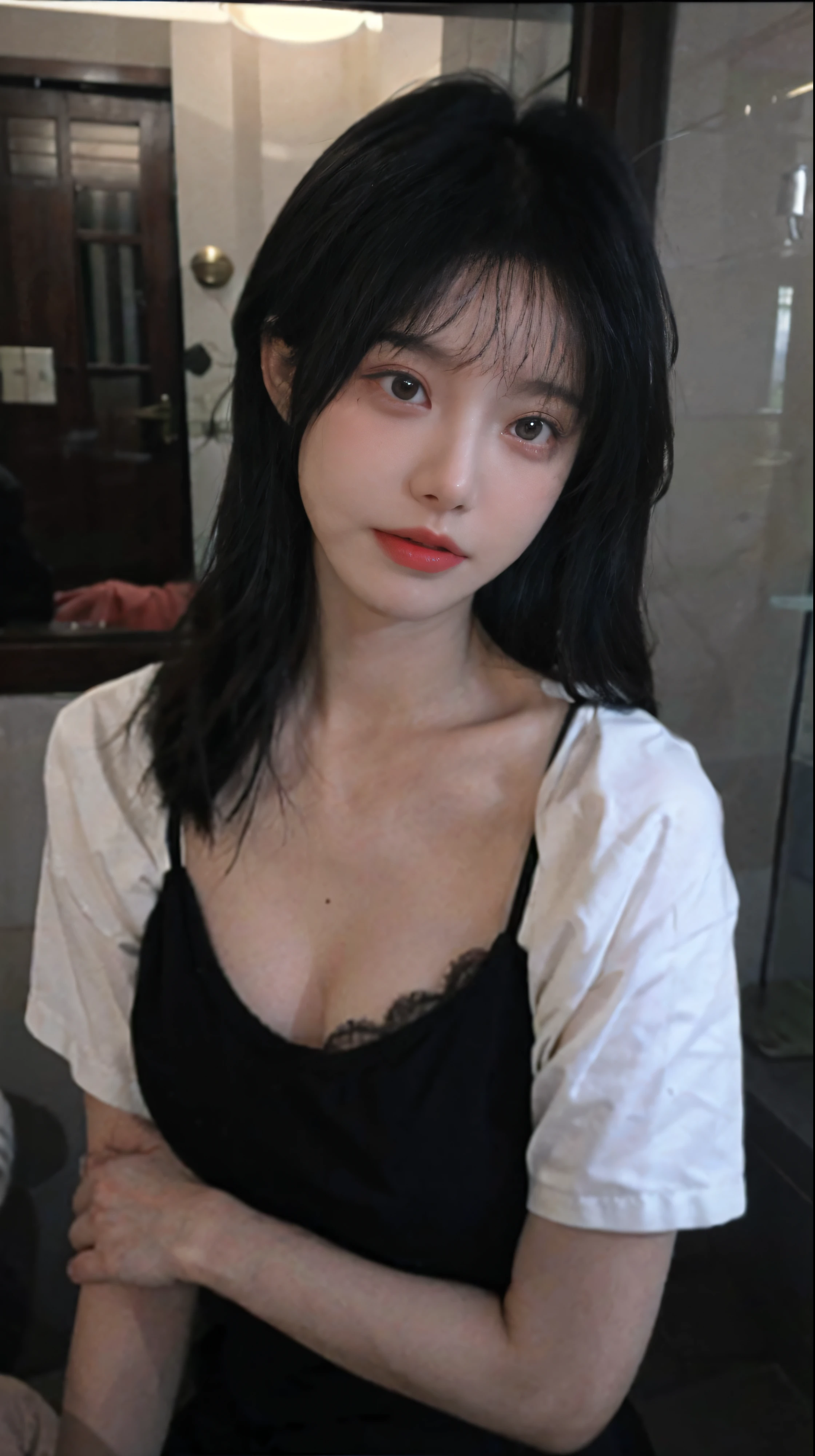 best quality,masterpiece,ultra high resolution,(realistically:1.4),1 girl,big wavy hair,double eyelids,A pair of peach blossom eyes,necklace,Raised sexy,Skin white and translucent,Looking directly at the viewer,on the yacht,full of atmosphere,The cleavage is very attractive,,(red dress:1.8),(upper part of body:1.4),