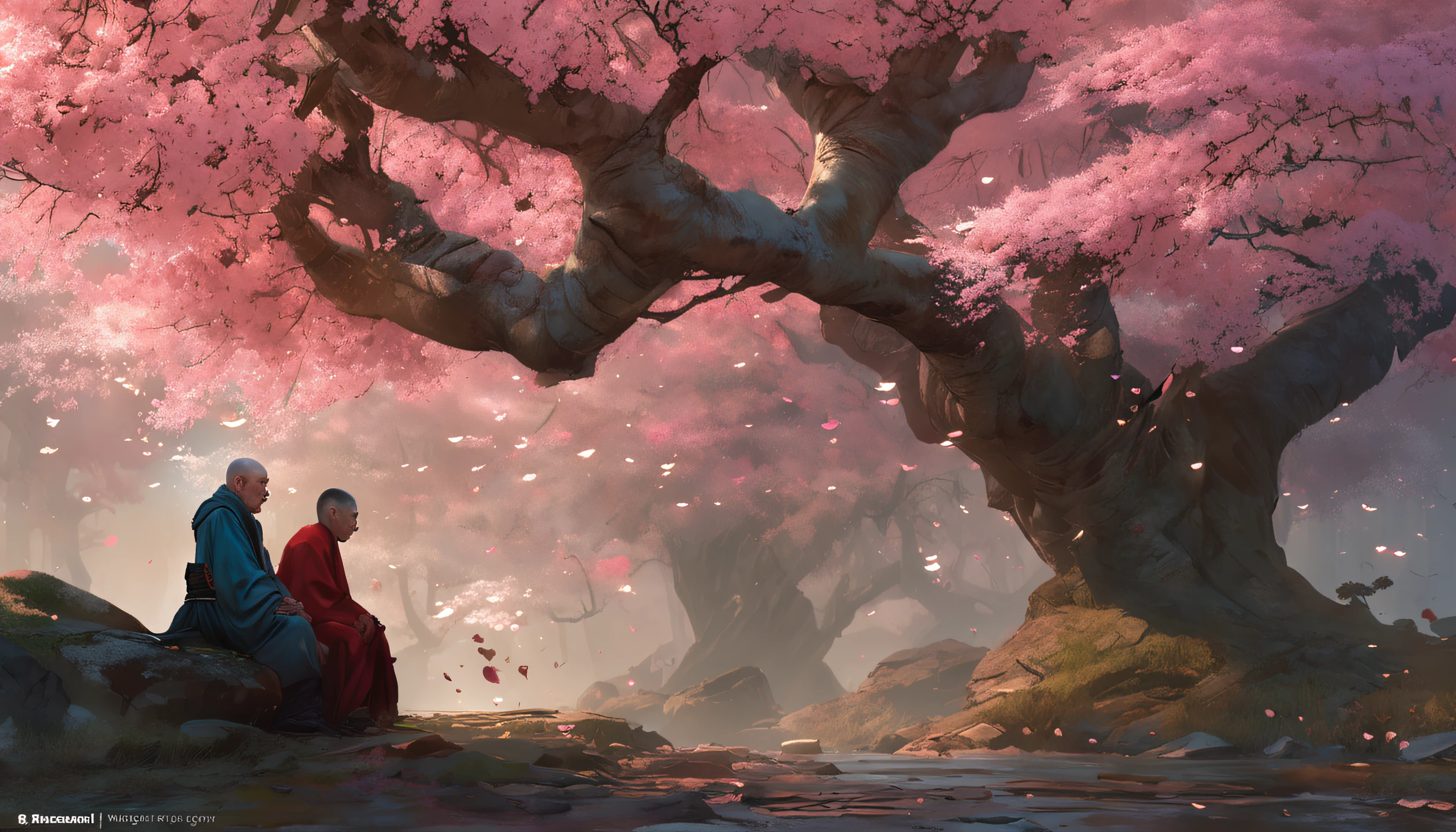 Two wise old monks sitting on the ground next to the cherry blossom., Ross Tran e Michael Whelan, Edgar Maxence e Ross Tran, wlop e ross tran, Ross Tran e Bayard Wu, James Gurney e Andreas Rocha, rob rey and kentarõ miura, Art not Guweiz style, arte do jogo de RPG