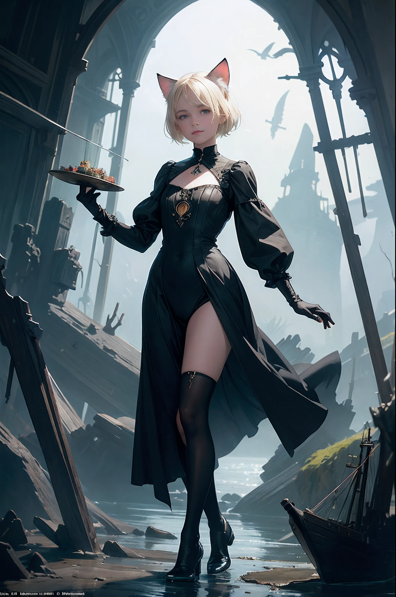 top-quality、high-detail、Realist painting、fully body photo、High Fantasy、steampunc、Immersive screen configuration、epicd、Leyendecker's style、Aqua Garden、1 Nordic beautiful girl、Smirking expression、Pretty small face、Light makeup、Cat ears on the head、Platinum blonde short hair、Medium chest、big butts、alchemist、Holding a magic wand in both hands、Gothic dress with long sleeves、long skirt、Black stockings、Leather shoes、colorful corals、Rocky reefs、sea weed、Wreckage of a flying sailing ship、thirds rule