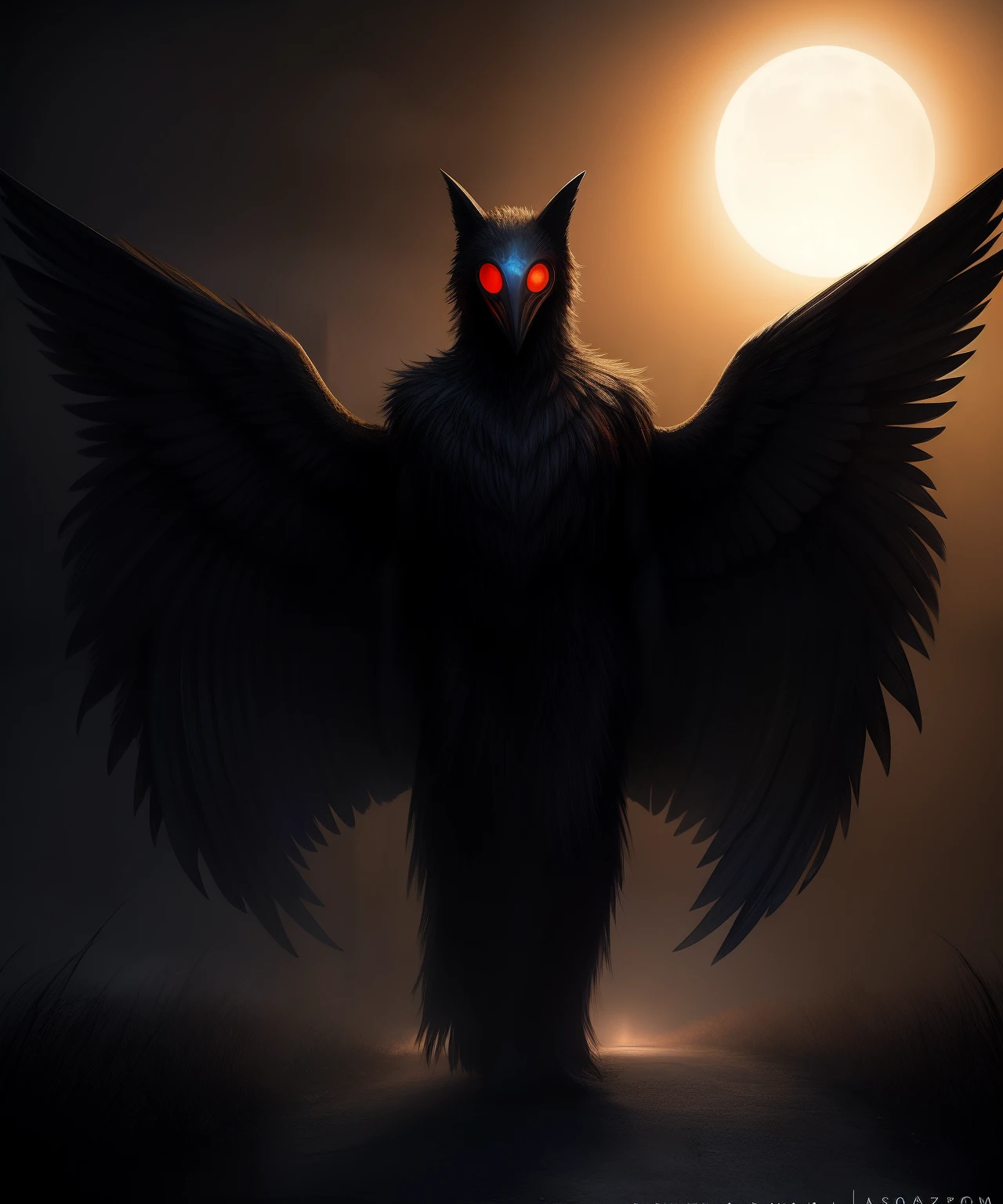 SCP-2901 Mothman, from SCP lore, SCP-2901 is a species of winged nocturnal carnivorous scavengers of limited intelligence..; Promedio en altura, Por lo general, They appear as having an ellipsoid shape and have 2 large eyes layered with photophoric tissue, Your skin is covered by a layer of tiny iridescent laminar scales., Cuento popular de terror espeluznante, vibraciones amenazantes, Sobre todo en una noche oscura, Somewhere on a lonely road on the plateaus, Photorealistic mouth lighting, Detalles intrincados, Obra maestra, Tendencias en ArtStation HQ, 4k, UHD, cinematic quality