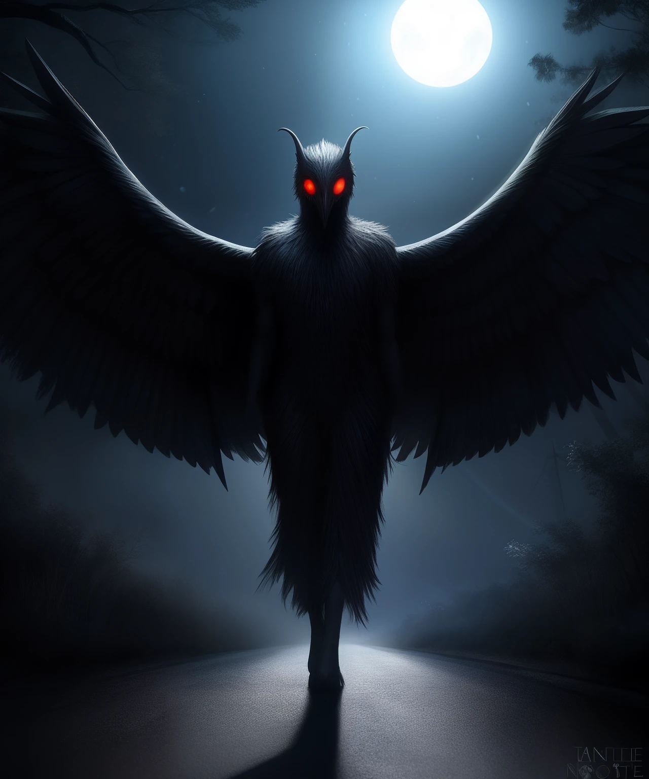 SCP-2901 Mothman, from SCP lore, SCP-2901 is a species of winged nocturnal carnivorous scavengers of limited intelligence..; Promedio en altura, Por lo general, They appear as having an ellipsoid shape and have 2 large eyes layered with photophoric tissue, Your skin is covered by a layer of tiny iridescent laminar scales., Cuento popular de terror espeluznante, vibraciones amenazantes, Sobre todo en una noche oscura, Somewhere on a lonely road on the plateaus, Photorealistic mouth lighting, Detalles intrincados, Obra maestra, Tendencias en ArtStation HQ, 4k, UHD, cinematic quality