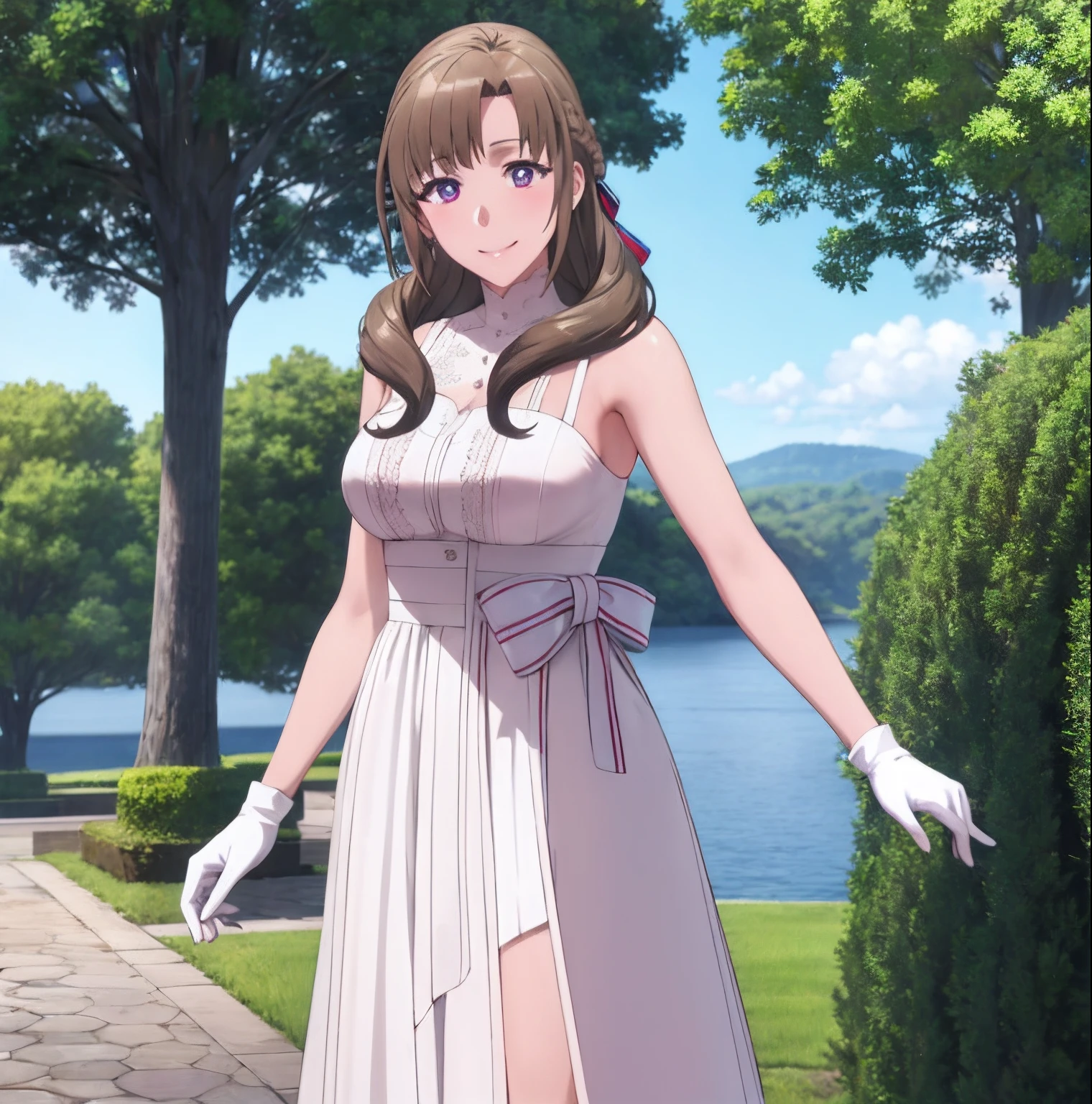 masterpiece, (best quality), 1woman,1girl ,mamako_oosuki,   brown hair,  long hair, french braid, purple eyes,mature female, dress, white dress, (big breasts), ribbon,sexy woman,smile,  white gloves,closed clothes, embarrassed,blush,  bare shoulders, vibrant colors ,natural lighting  ,RTX,  , beautiful, (detailed face:1.2), showcase, (perfect eyes:1.1) ,(photorealistic:1.1), 8k uhd,  looking at viewer, outdoors,  simple backround,