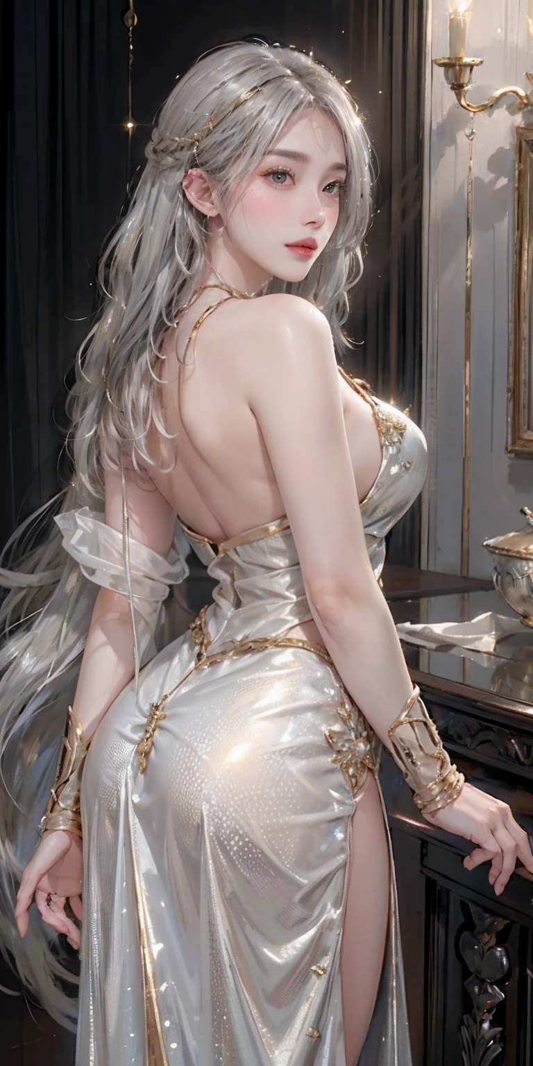 photorealistic, high resolution, soft light,1women, solo, hips up, shinning skin, (detailed face), jewelry, (((gold, silver, glimmer)), faerie), limited palette, contrast, phenomenal aesthetic, best quality, sumptuous artwork, elegant dress, blonde hair, back view