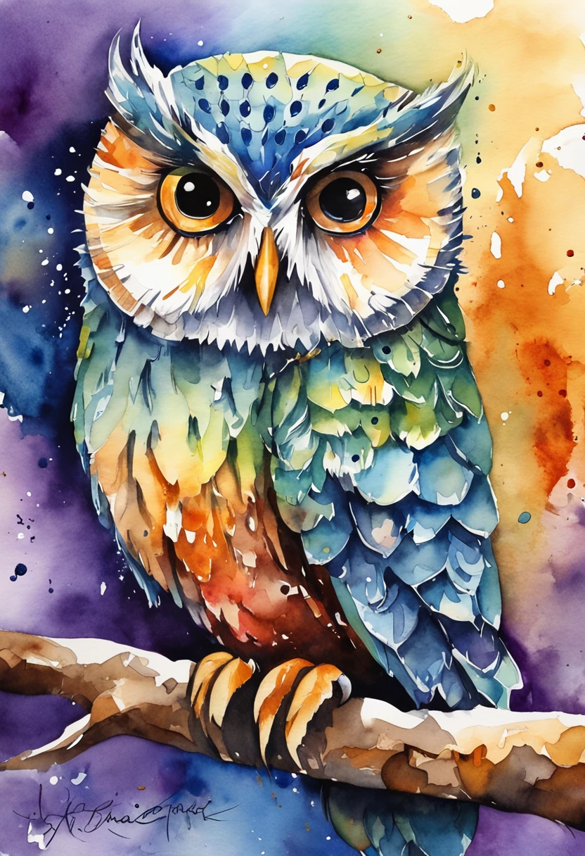 owls、art by、Artistically、3d watercolor abstract,Dark background,High resolution,High quality,Colorful、Hareful、Abstract、colourfull