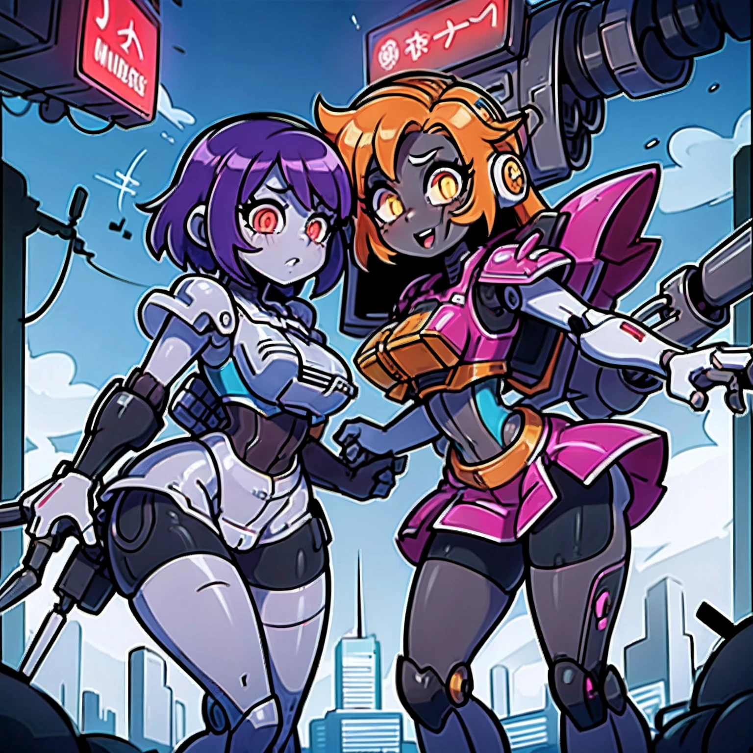 (masutepiece:1.4), (Best Quality:1.3),(Beautiful detailed eyes:1.2), (of the highest quality:1.5),(High resolution:1.5),Best Quality,Ultra-detailed,(2girls:1.3),Dark skin,(Yuri:0.8),pov,Selfie,Dutch Angle,from adove,Beautiful lighting,BREAK,(Beautiful detailed eyes:1.2),(of the highest quality:1.2),(High resolution:1.2), face,oppai lolirk-skinned girl and white-skinned girl:1.3),Yellow hair,Pink hair,(Green eyes:0.5),Red Eyes,(Blue eyes:0.3),BREAK,Happy,Oil,Purple hair,Machine Girls,Mechanical Girl,Blurry background,Science fiction,(grin:0.3),Battle Girls,cyberpunked,Mechanical,cyborgs,Robot Girl,metalic,Happy,Machine, Isometric view, Camel toe,cyberpunked,city,Outdoors,Cityscape,neons,