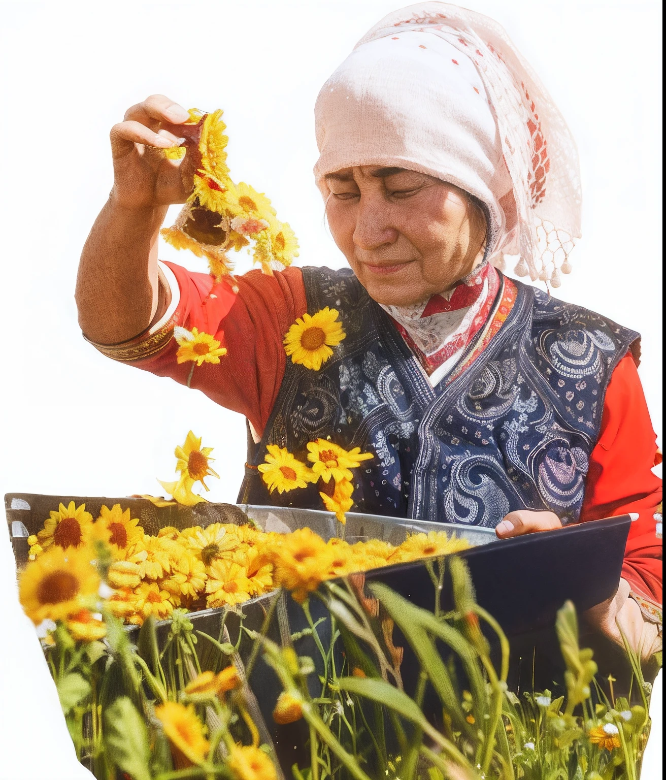 Tajik women picking chrysanthemums，woman，Wear a bandana，Chrysanthemums fall from the hands，In the chrysanthemum field