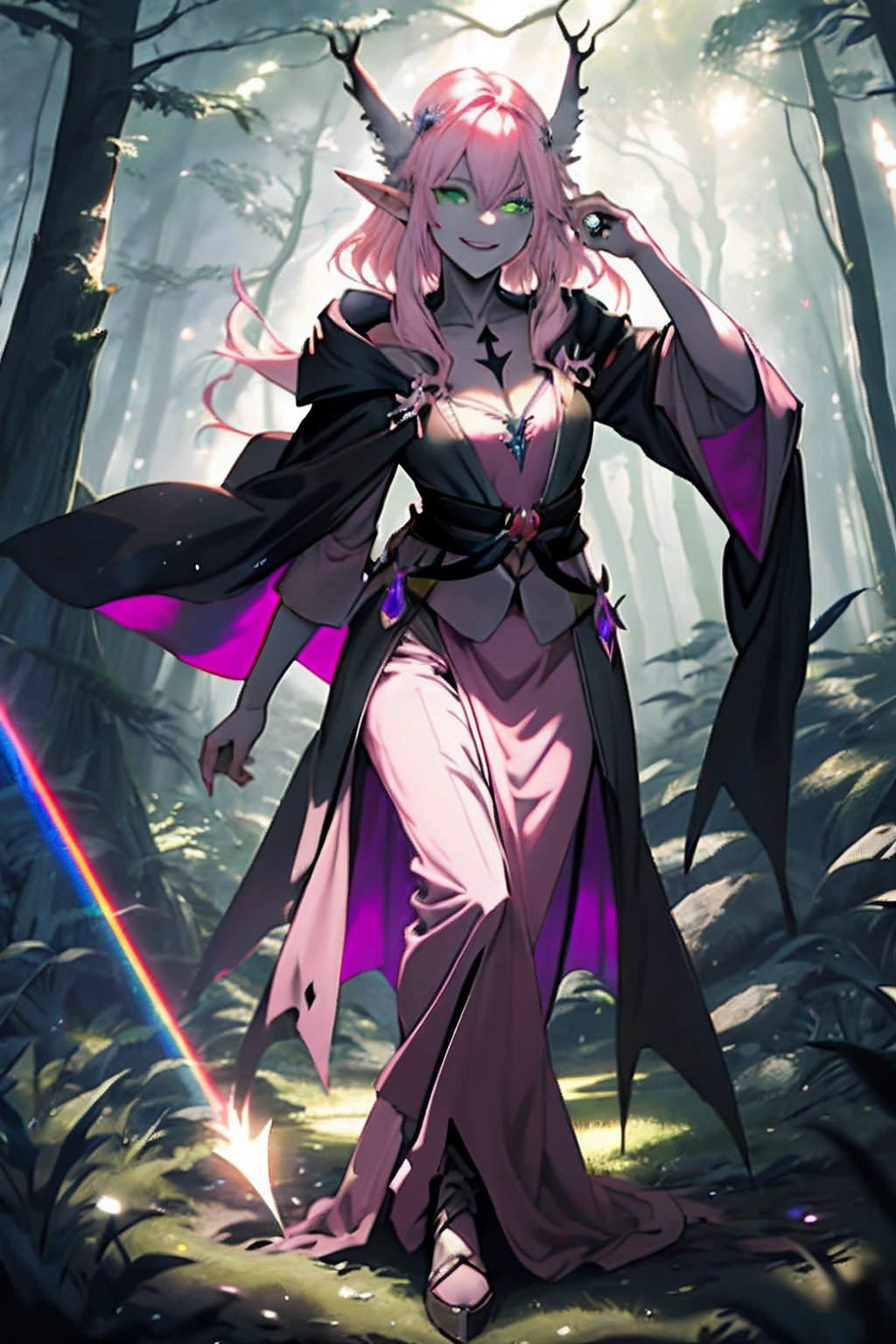 fullbody portrait, witch, elf, light pink hair, sharp ears, green eyes, dark robes, dark witch robes, smiling, happy expression, mystical forest background, magical forest, lens flare