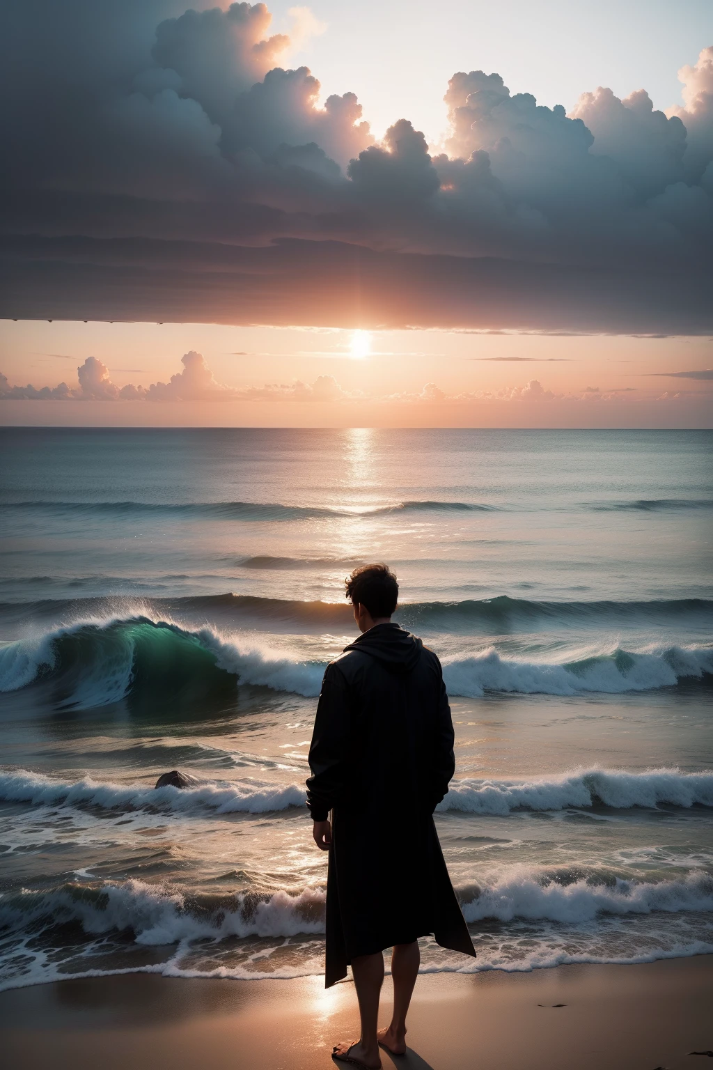 Facing the sea, man, back, silhouette, character distance, wide angle lens