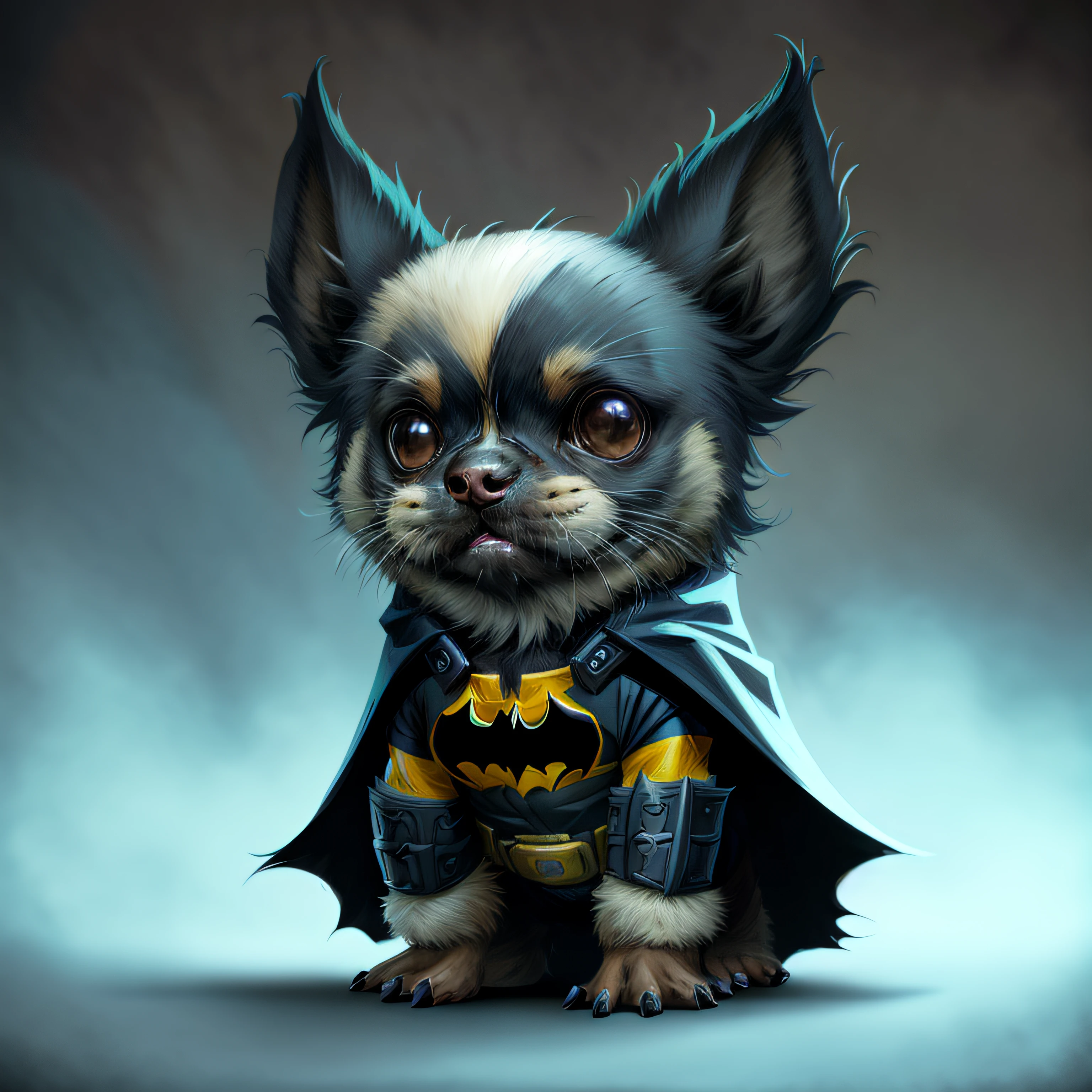 arafed chihuahua dressed as batman with cape and cape on, adorable digital painting, anigirl batman, cute detailed digital art, batman, superhero portrait, by Eddie Mendoza, cute digital art, by Brian Thomas, wojtek fus, bat, by Rudy Siswanto, by Gavin Nolan, photorealistic fan art, by Ryan Yee, by Darek Zabrocki