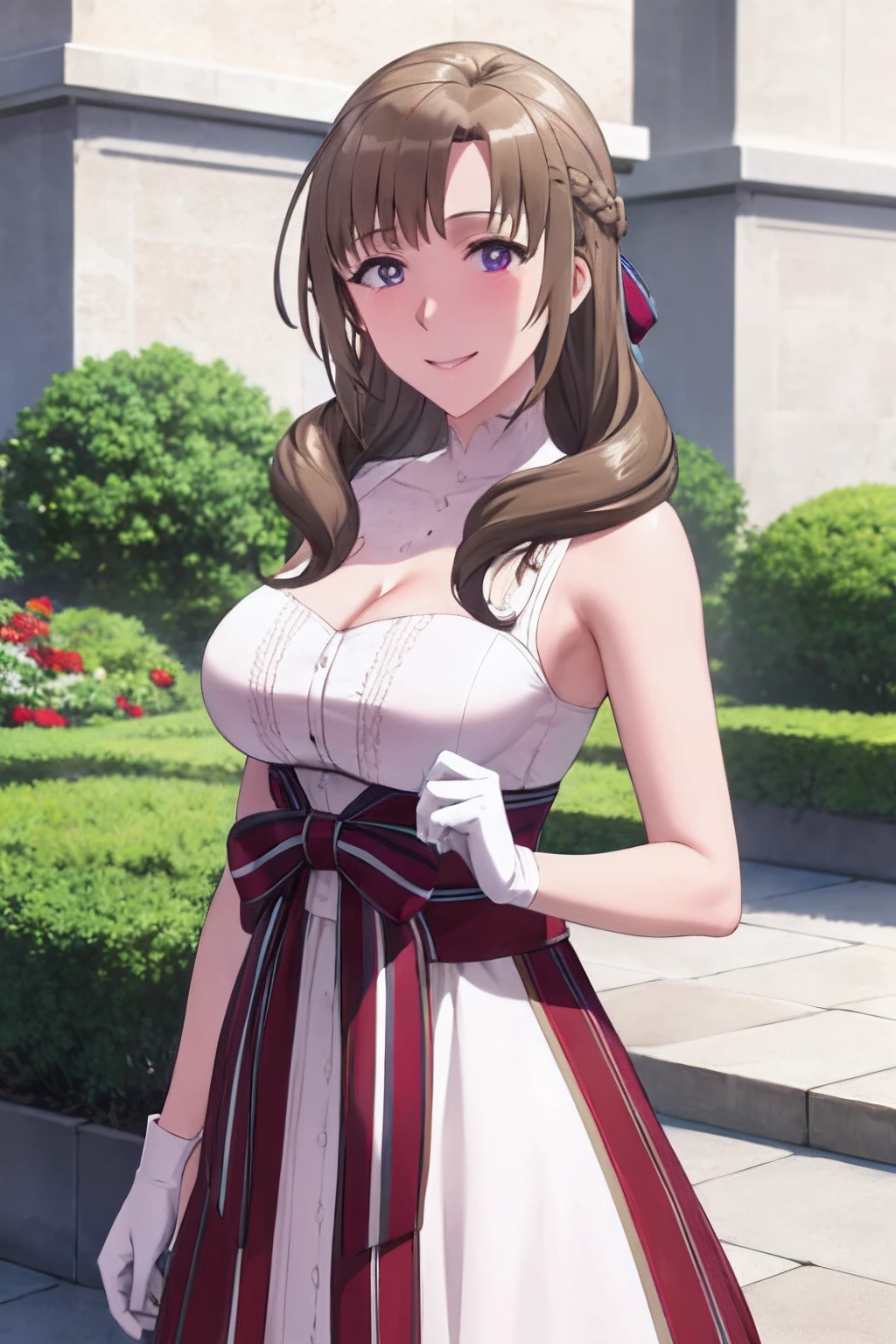 masterpiece, (best quality), 1woman,1girl ,mamako_oosuki,   brown hair,  long hair, french braid, purple eyes,mature female, dress, white dress,(big and large breasts), ribbon,sexy woman,smile,  white gloves,closed clothes, embarrassed,blush,  bare shoulders, vibrant colors ,natural lighting  ,RTX,  , beautiful, (detailed face:1.2), showcase, (perfect eyes:1.1) ,(photorealistic:1.1), 8k uhd,  looking at viewer, outdoors,  simple backround,