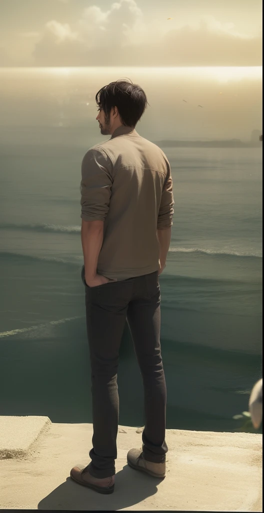 mejor calidad, obra maestra, (realista: 1.2), 1 hombre, Eren Jaeger, vida real, live-action, Vaqueros negros, brown-hair, cabello suelto, Cabello largo, ataque en Titan, cold bottom, chaqueta negra, cuerpo delgado, a high definition, alta calidad, Fondo de puesta de sol, masculino, Chad, Espalda grande, de espaldas, camisa, camisa blanca, pantalones negros, manos atadas, brazos atados, handcuffed