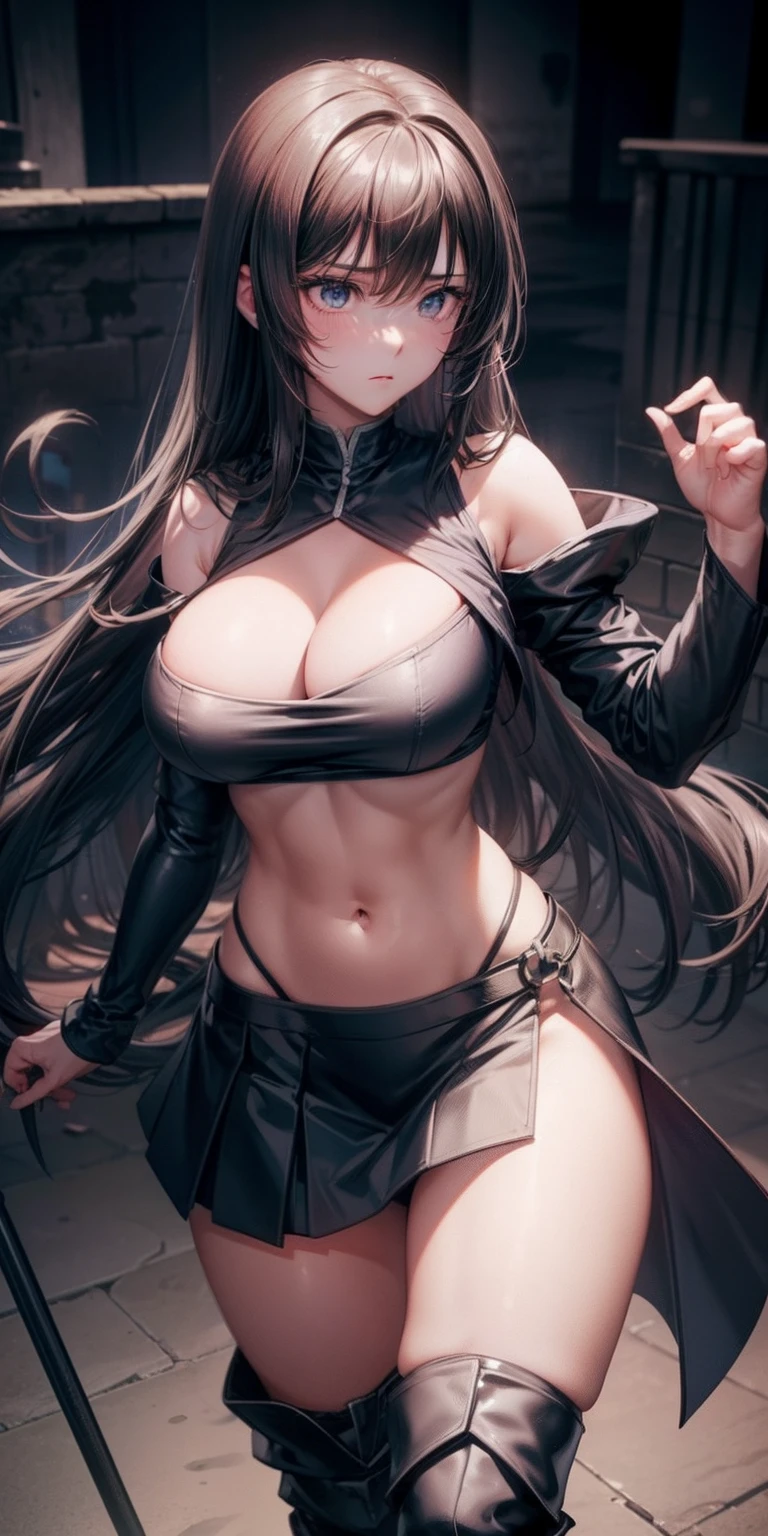 a beauty girl、Colossal tits、A dark-haired、Longhaire、well-muscled、abdominals、White crop top、cleavage of the breast、Black skirt、Black Knee Boots、is standing、Dark Prison、Anxious expression