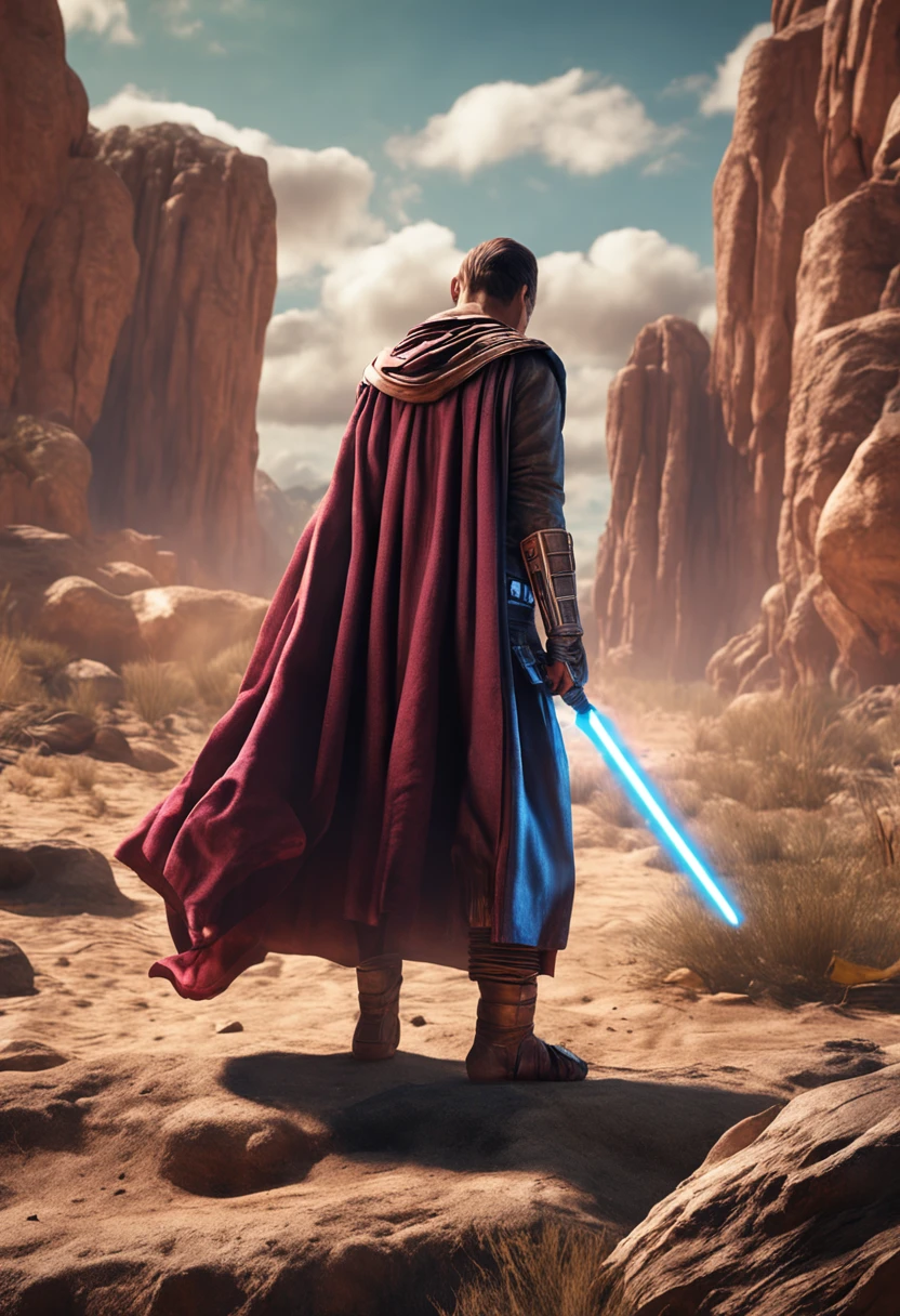 A Jedi preparing for battle. Extremely detailed, ultra-realistic illustration of a lone Jedi knight in a battle ready pose, lightsaber ignited, photorealistic, 8k resolution, vibrant colors, dramatic lighting, cinematic scene