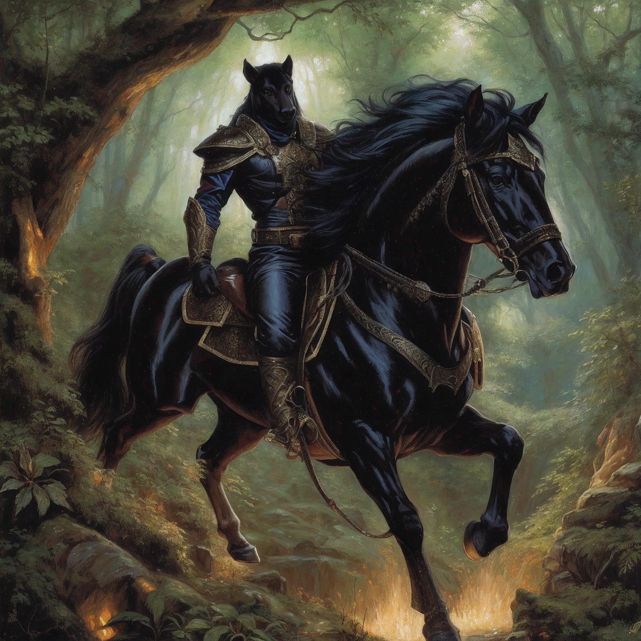 Arafed cavalo preto com um cavaleiro nas costas cavalgando por uma floresta, Directed by: Donato Giancola, Estilo de Donato Giancola, Directed by: Joe Jusko, inspirado em Joe Jusko, inspirado em Donato Giancola, pantera negra, montando um cavalo preto, darrell k doce, rondando a floresta, Inspirado em Donato Giancola