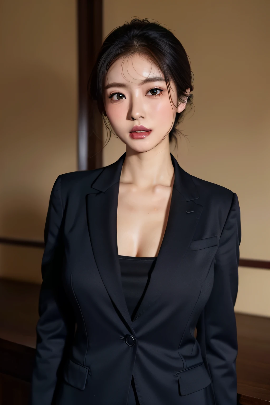 ((masterpiece))、((highest quality))、photograph、reality、High level image quality、Advanced depth of field、Super detailed、realistic lighting、secretary、30 years old、delicate features、short hair、Realistic background and accessories、big and full breasts、big breasts、sexy lips、In-house elevator、navy jacket、open the front of the jacket、A brown high-neck sweater that fits snugly around the chest.、wide angle、shyness、Small smile、suit pants、long legs、